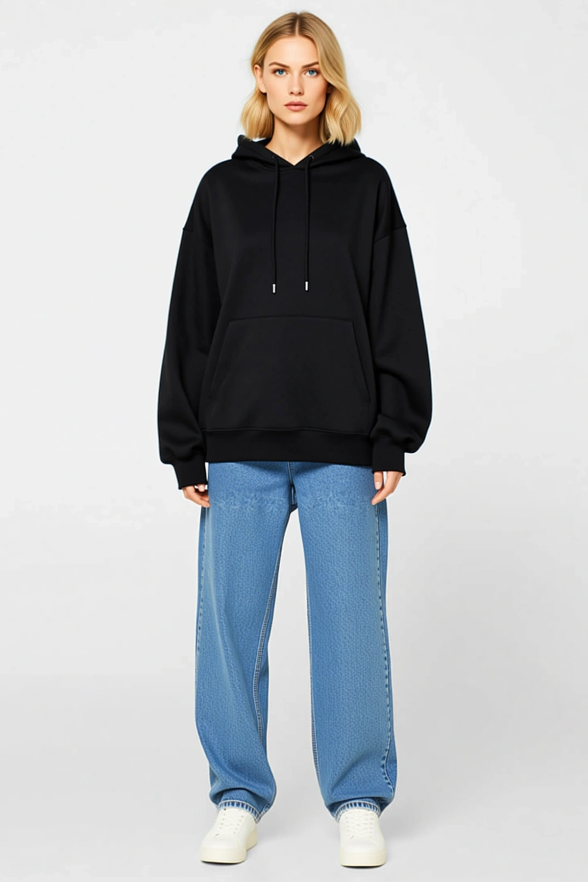 Kadın Uzun Kollu Kapşonlu Basic Sweatshirt Hoodie Düşük Omuzlu Kanguru Cepli Bol Kesim Günlük Rahat