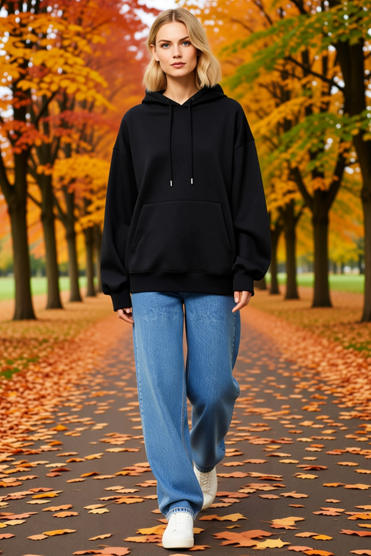 Kadın Uzun Kollu Kapşonlu Basic Sweatshirt Hoodie Düşük Omuzlu Kanguru Cepli Bol Kesim Günlük Rahat