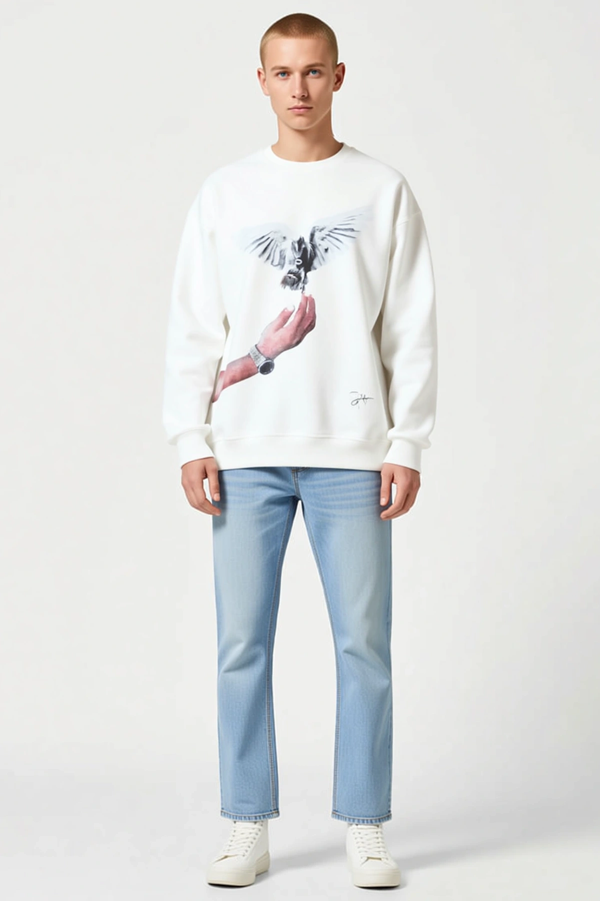 Erkek Güvercin Baskılı Oversize Sweatshirt Bisiklet Yaka Düşük Omuz Ribana Manşetli Günlük Kullanım