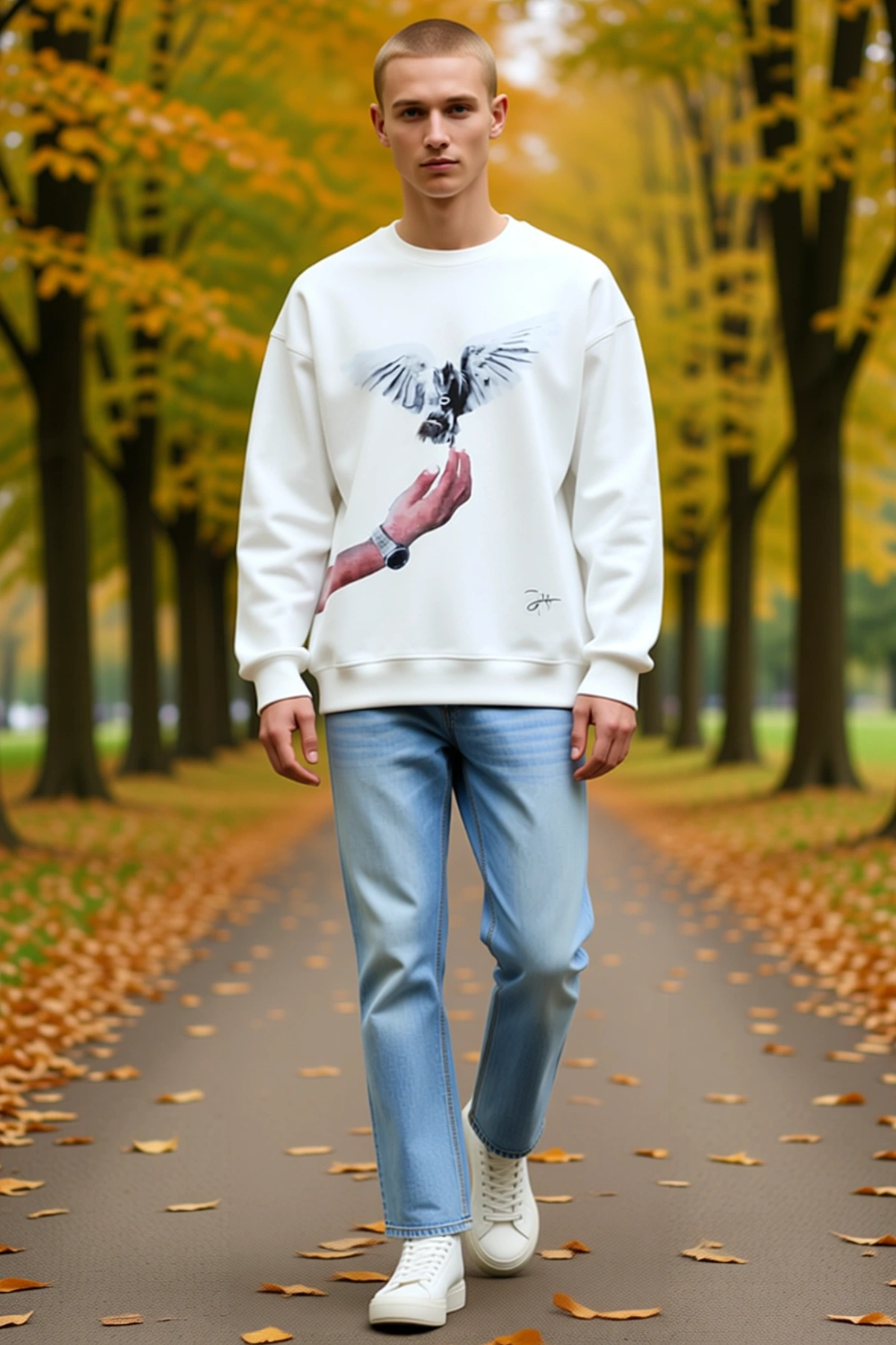 Erkek Güvercin Baskılı Oversize Sweatshirt Bisiklet Yaka Düşük Omuz Ribana Manşetli Günlük Kullanım