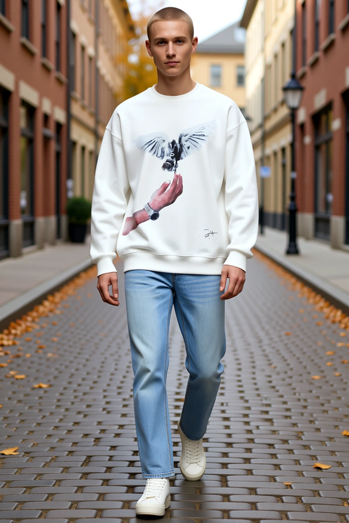 Erkek Güvercin Baskılı Oversize Sweatshirt Bisiklet Yaka Düşük Omuz Ribana Manşetli Günlük Kullanım