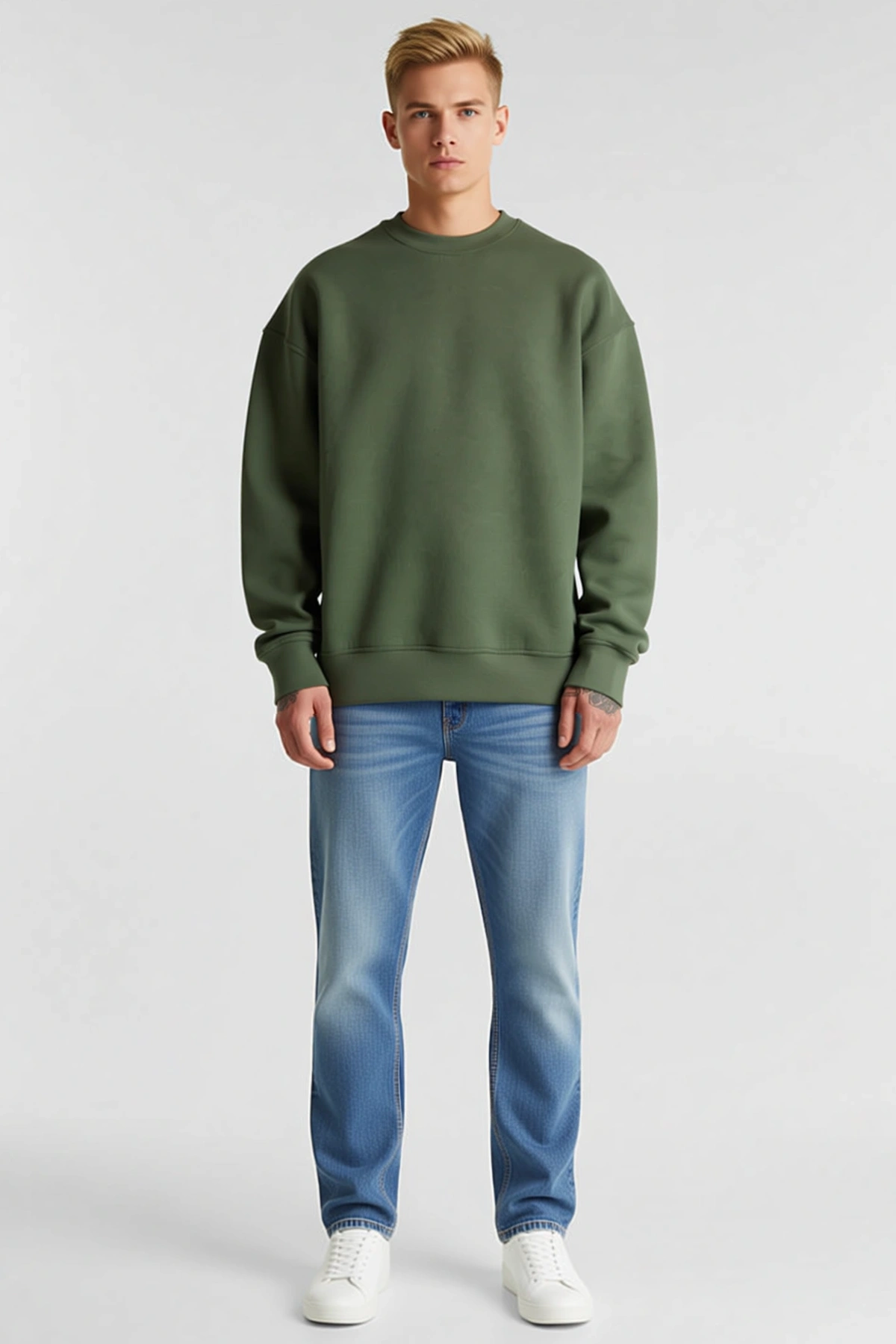 Erkek Üç İplik Bisiklet Yaka Düz Oversize Sweatshirt Düşük Omuz Karşıt Dikişli Ribana Bantlı Kalıp