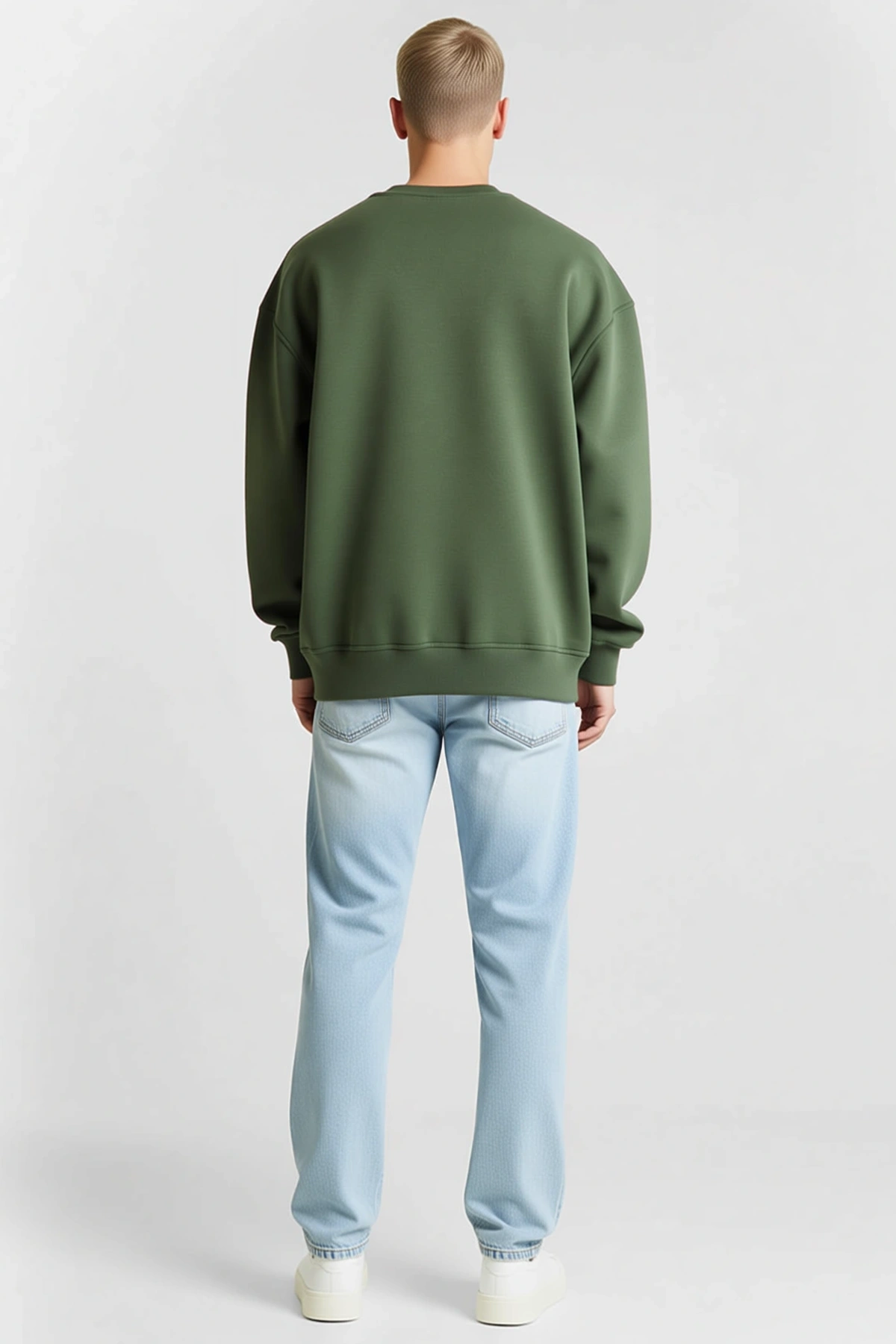 Erkek Üç İplik Bisiklet Yaka Düz Oversize Sweatshirt Düşük Omuz Karşıt Dikişli Ribana Bantlı Kalıp