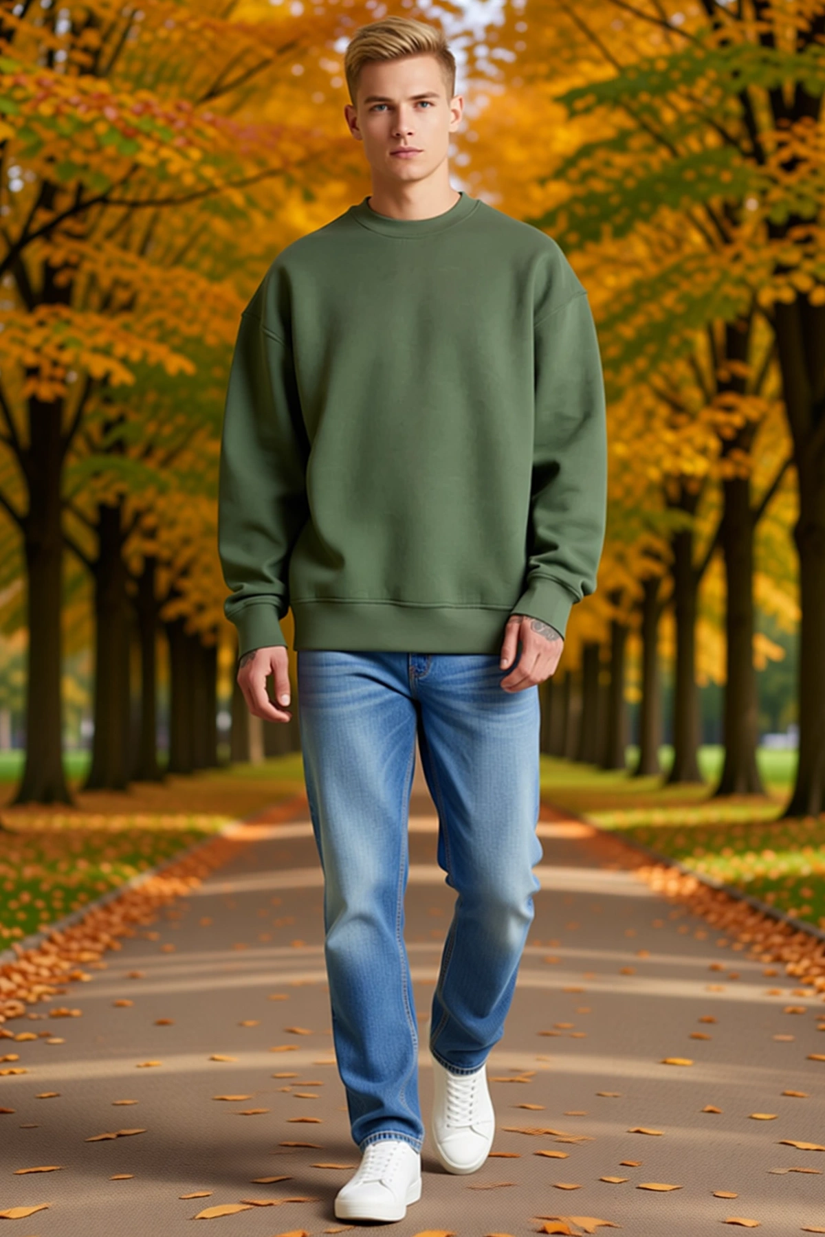 Erkek Üç İplik Bisiklet Yaka Düz Oversize Sweatshirt Düşük Omuz Karşıt Dikişli Ribana Bantlı Kalıp