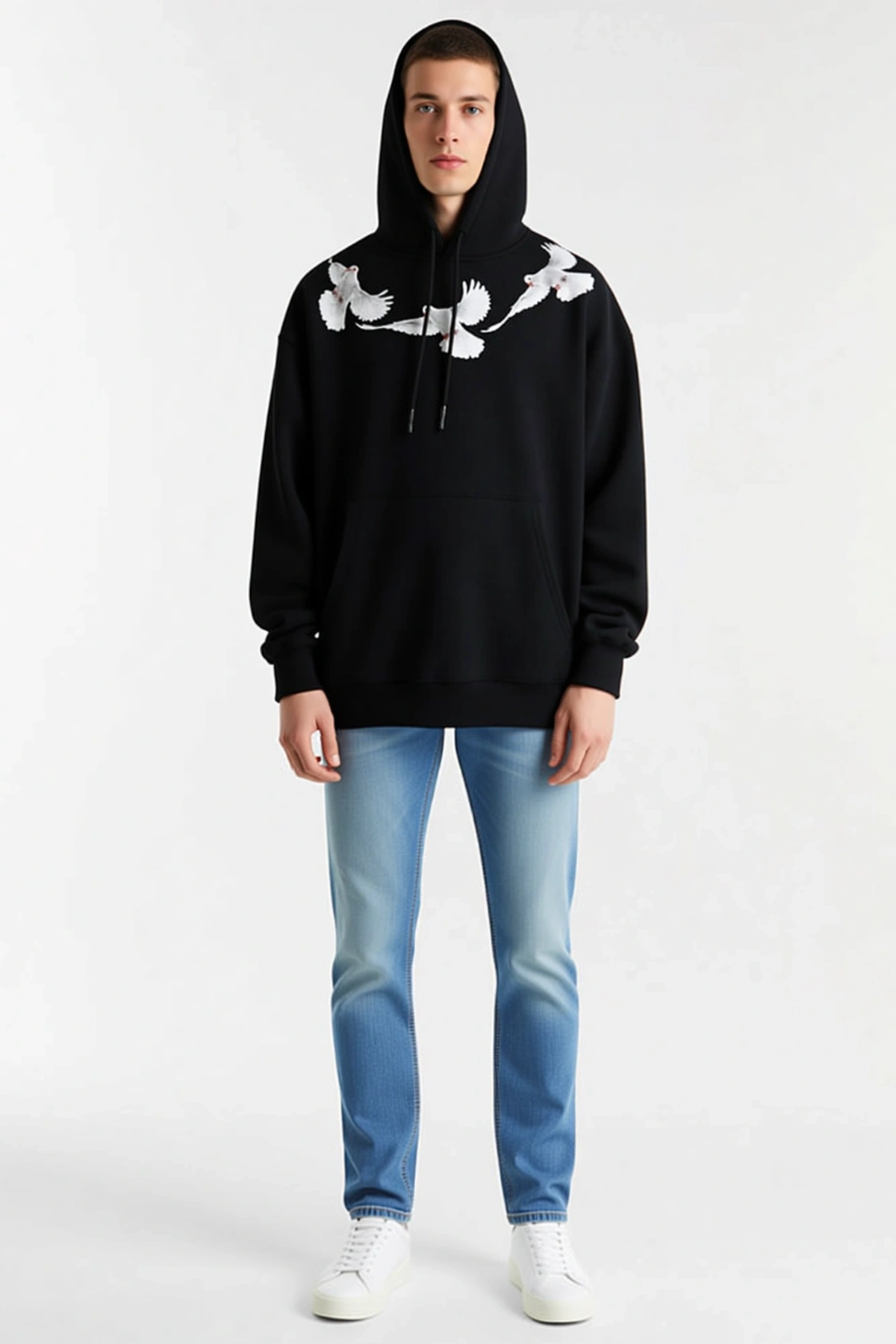 Erkek Oversize Kapüşonlu Sweatshirt Güvercin Baskılı Kanguru Cepli Uzun Kollu Salaş Kesim Günlük