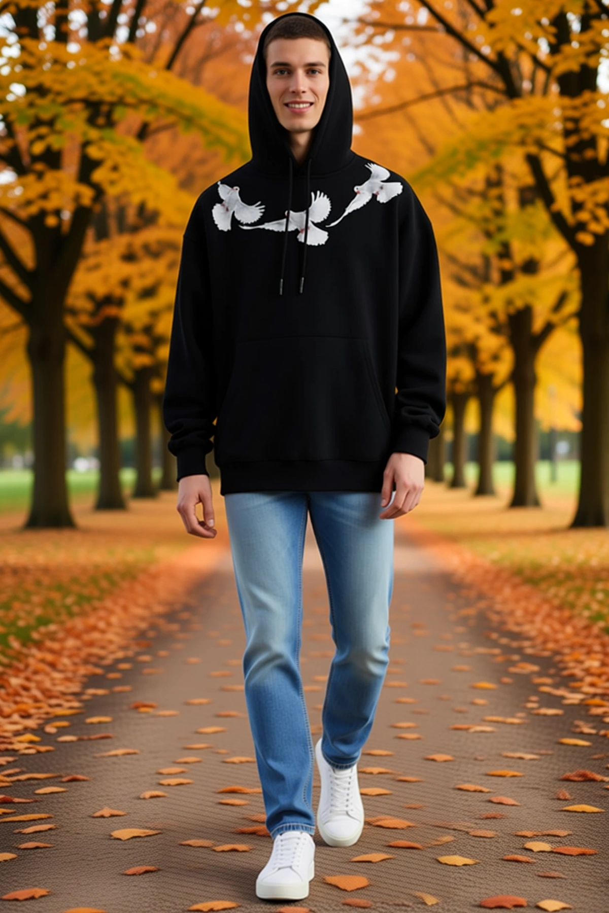 Erkek Oversize Kapüşonlu Sweatshirt Güvercin Baskılı Kanguru Cepli Uzun Kollu Salaş Kesim Günlük