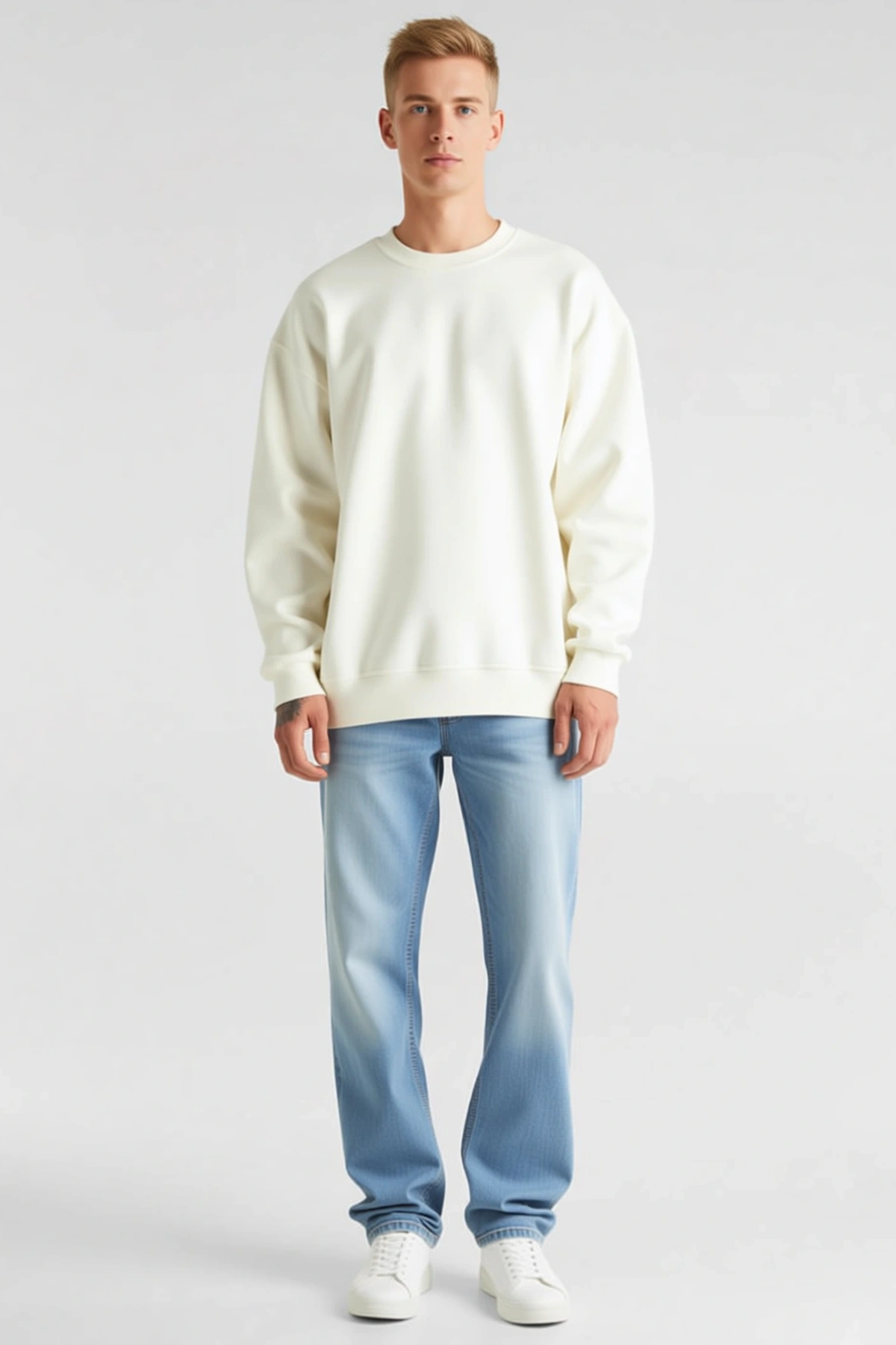 Erkek Düz Bisiklet Yaka Basic Uzun Kollu Sweatshirt Düşük Omuz Salaş Kesim Kaburga Manşetli Sezonluk