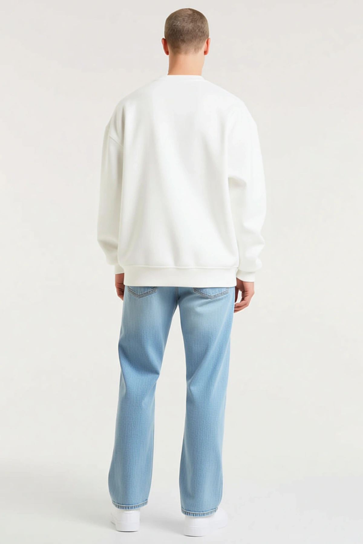 Erkek Düz Bisiklet Yaka Basic Uzun Kollu Sweatshirt Düşük Omuz Salaş Kesim Kaburga Manşetli Sezonluk