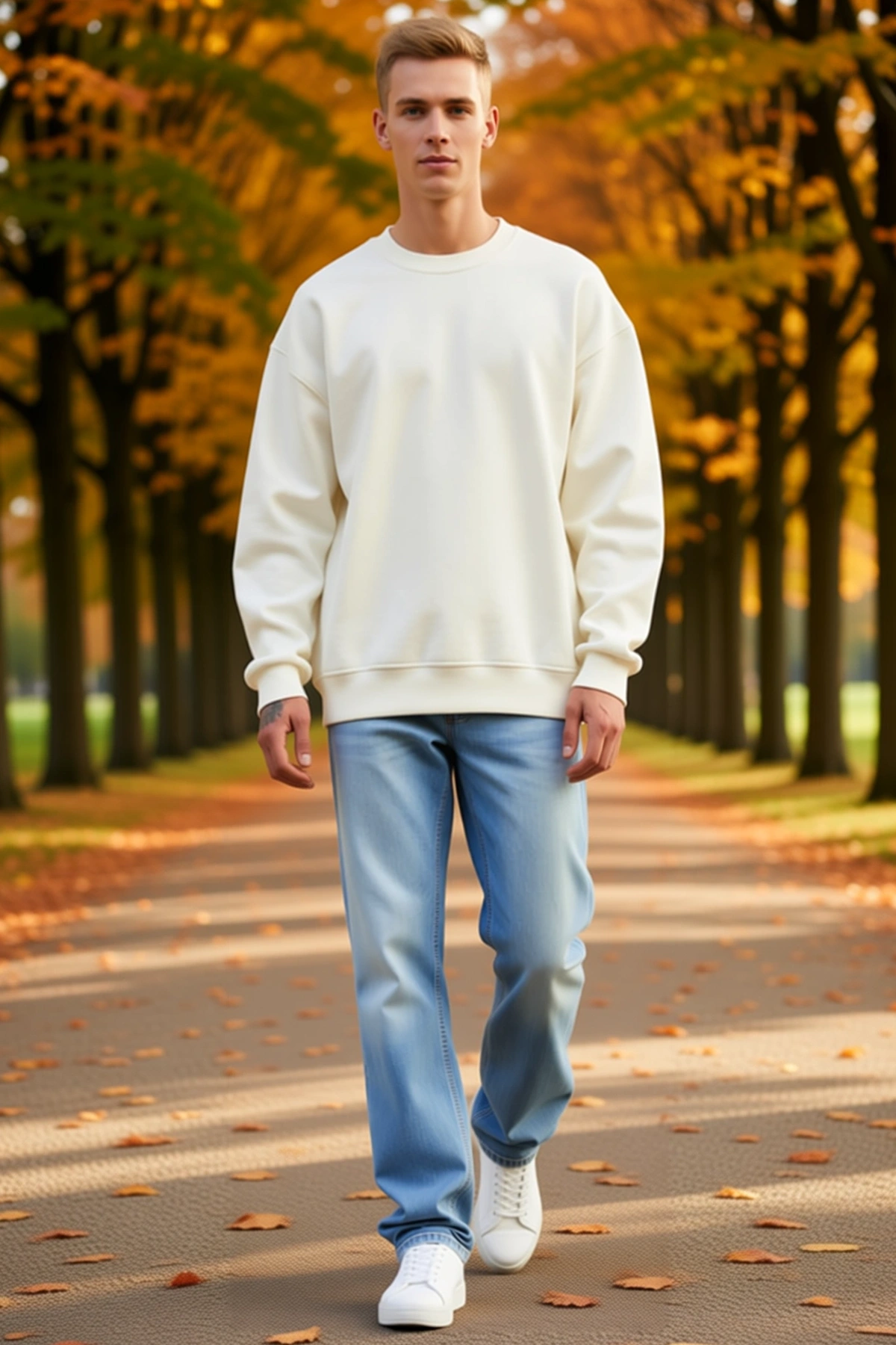 Erkek Düz Bisiklet Yaka Basic Uzun Kollu Sweatshirt Düşük Omuz Salaş Kesim Kaburga Manşetli Sezonluk