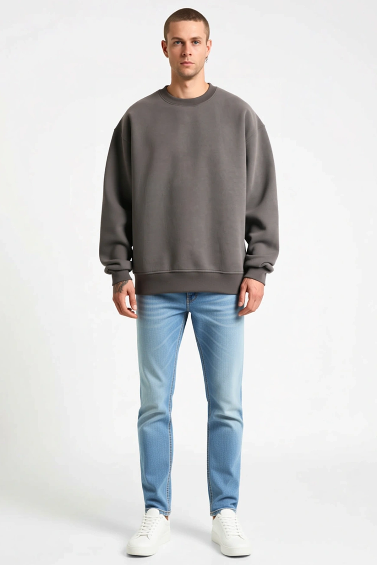 Erkek Düz Bisiklet Yaka Uzun Kollu Basic Sweatshirt Düşük Omuz Geniş Kalıp Kaburga Manşetli Günlük