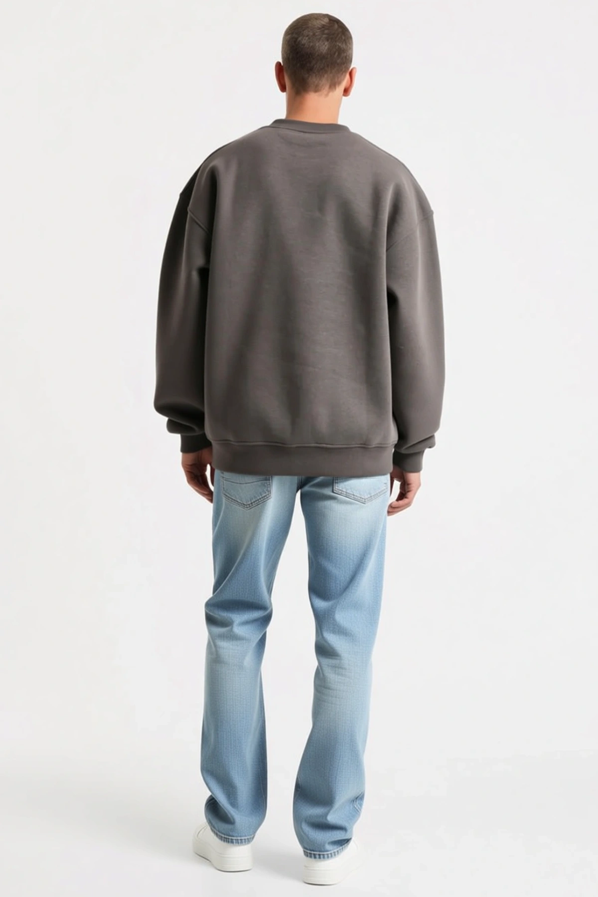 Erkek Düz Bisiklet Yaka Uzun Kollu Basic Sweatshirt Düşük Omuz Geniş Kalıp Kaburga Manşetli Günlük