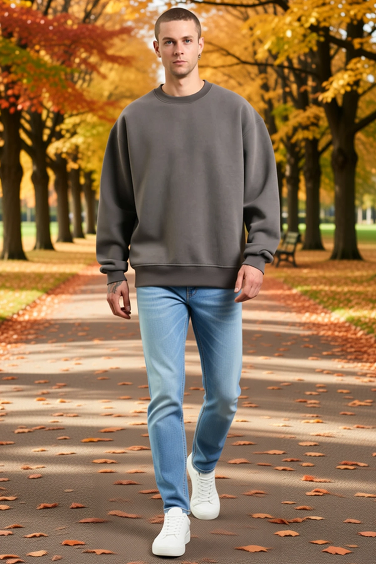 Erkek Düz Bisiklet Yaka Uzun Kollu Basic Sweatshirt Düşük Omuz Geniş Kalıp Kaburga Manşetli Günlük