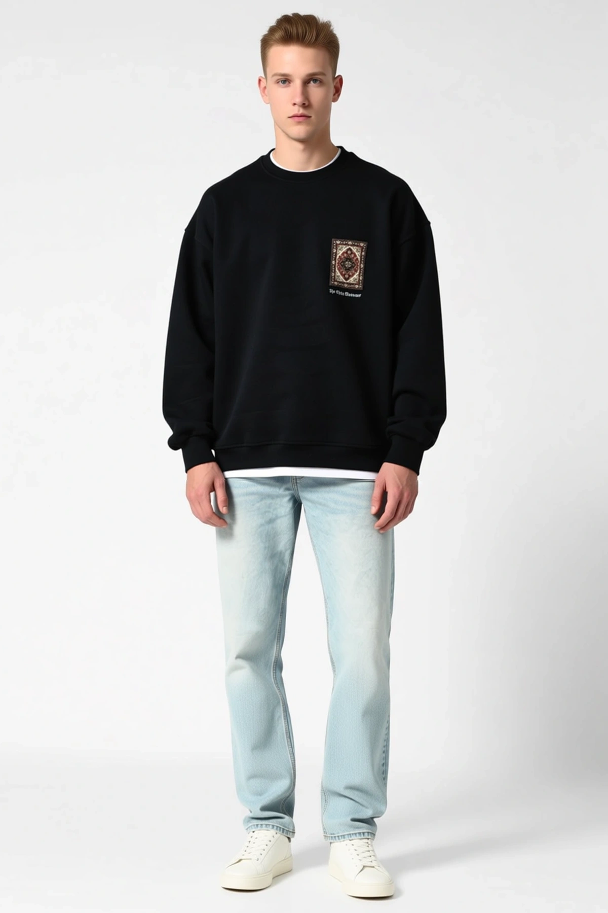 Erkek Bisiklet Yaka Sırt Baskılı Uzun Kollu Sweatshirt Halı Desenli Düşük Omuz Geniş Kalıp Günlük