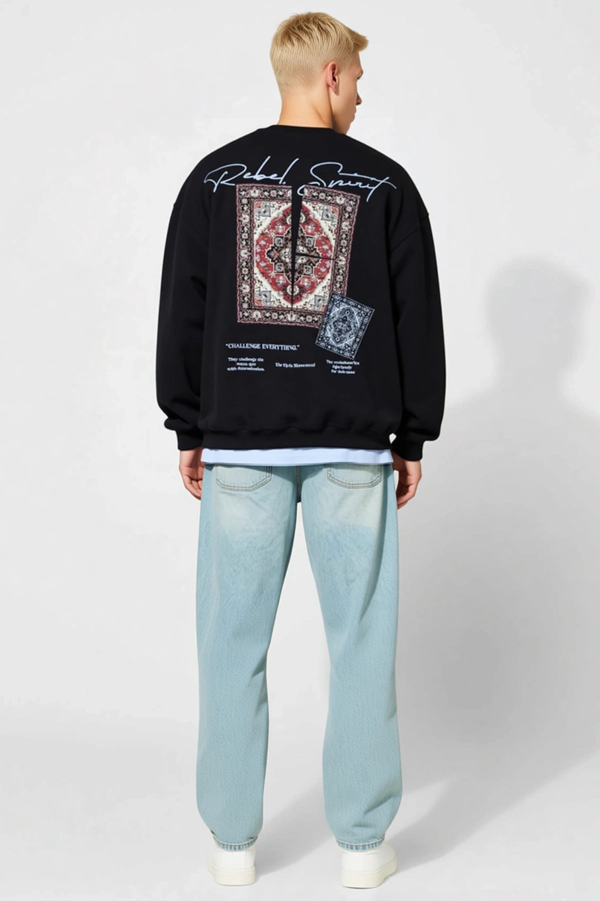 Erkek Bisiklet Yaka Sırt Baskılı Uzun Kollu Sweatshirt Halı Desenli Düşük Omuz Geniş Kalıp Günlük