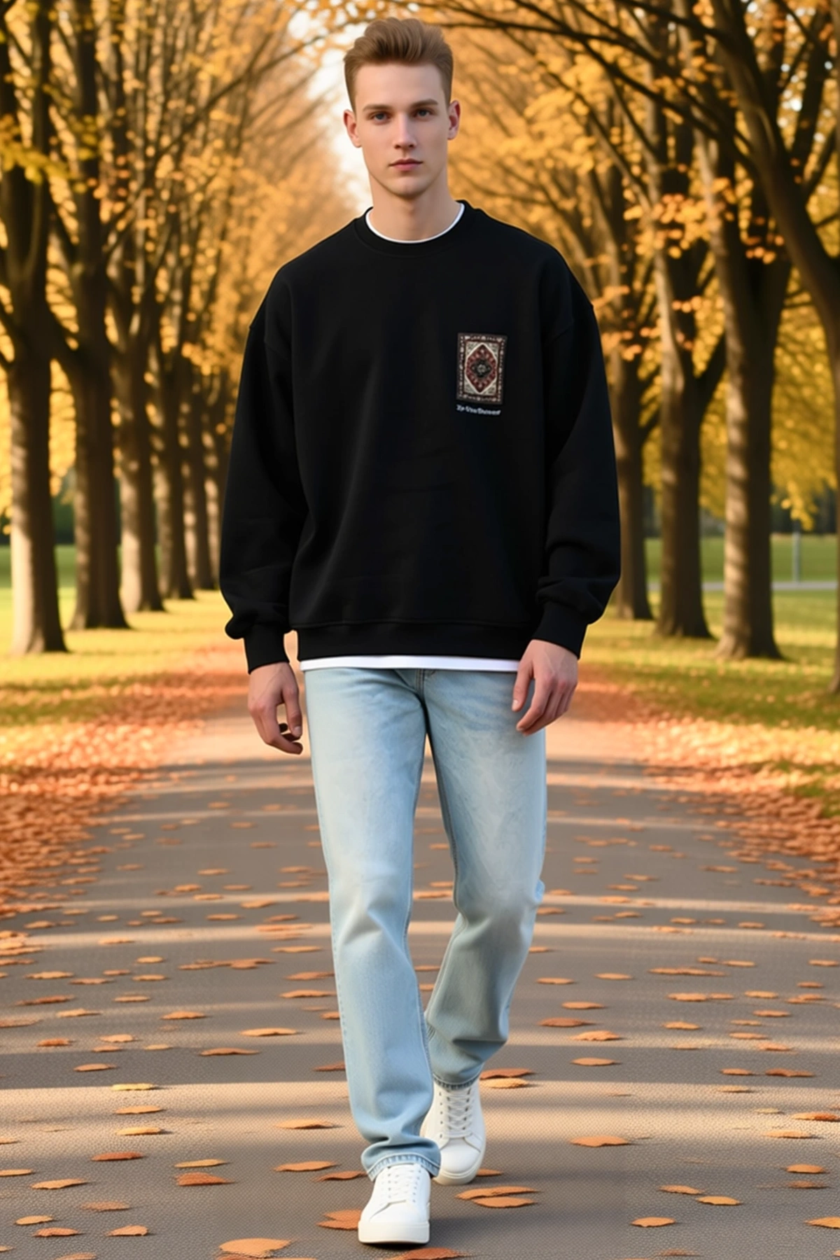 Erkek Bisiklet Yaka Sırt Baskılı Uzun Kollu Sweatshirt Halı Desenli Düşük Omuz Geniş Kalıp Günlük