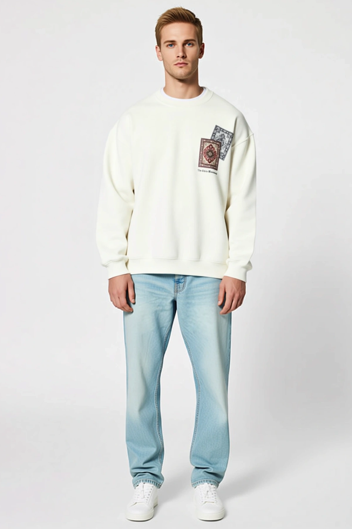 Erkek Bisiklet Yaka Göğüs Baskılı Uzun Kollu Sweatshirt Halı Motifli Düşük Omuz Geniş Kalıp Rahat