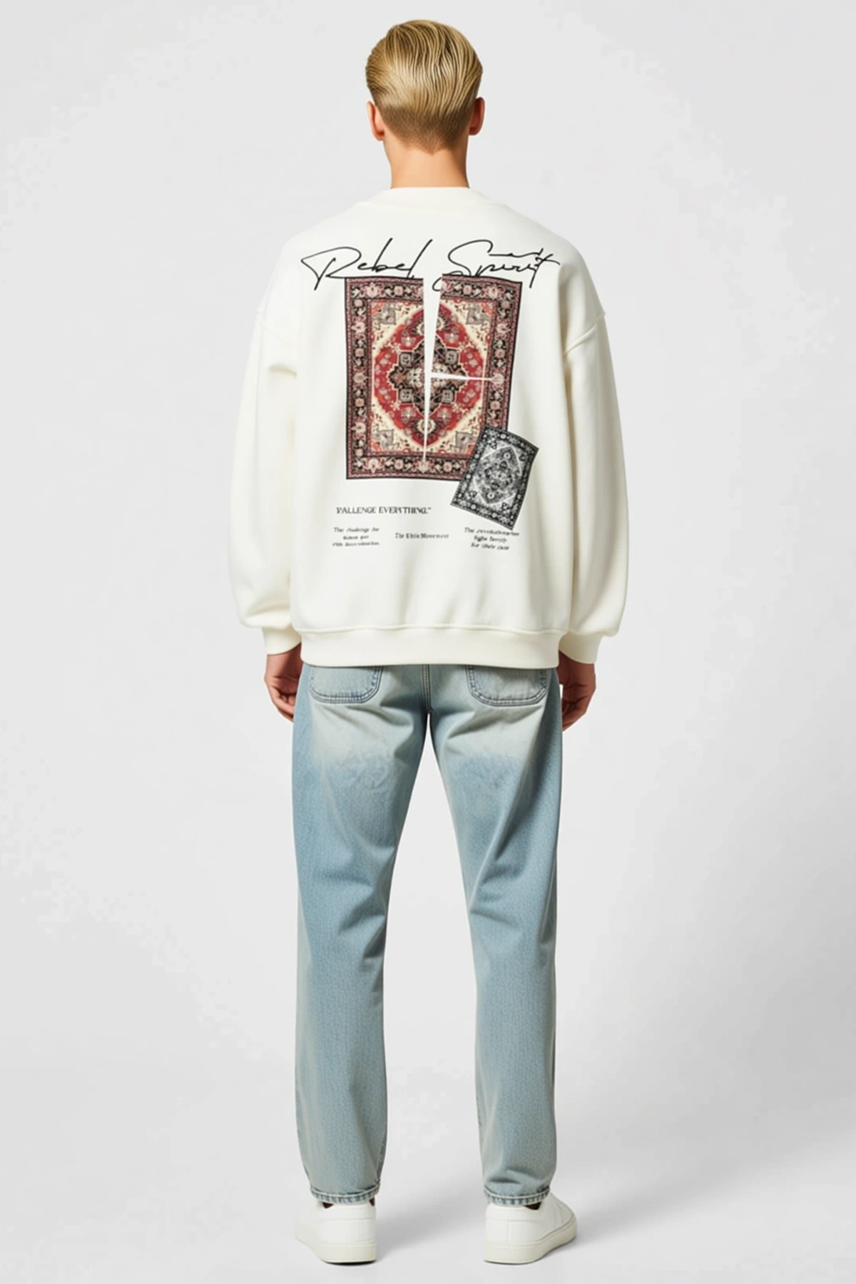 Erkek Bisiklet Yaka Göğüs Baskılı Uzun Kollu Sweatshirt Halı Motifli Düşük Omuz Geniş Kalıp Rahat
