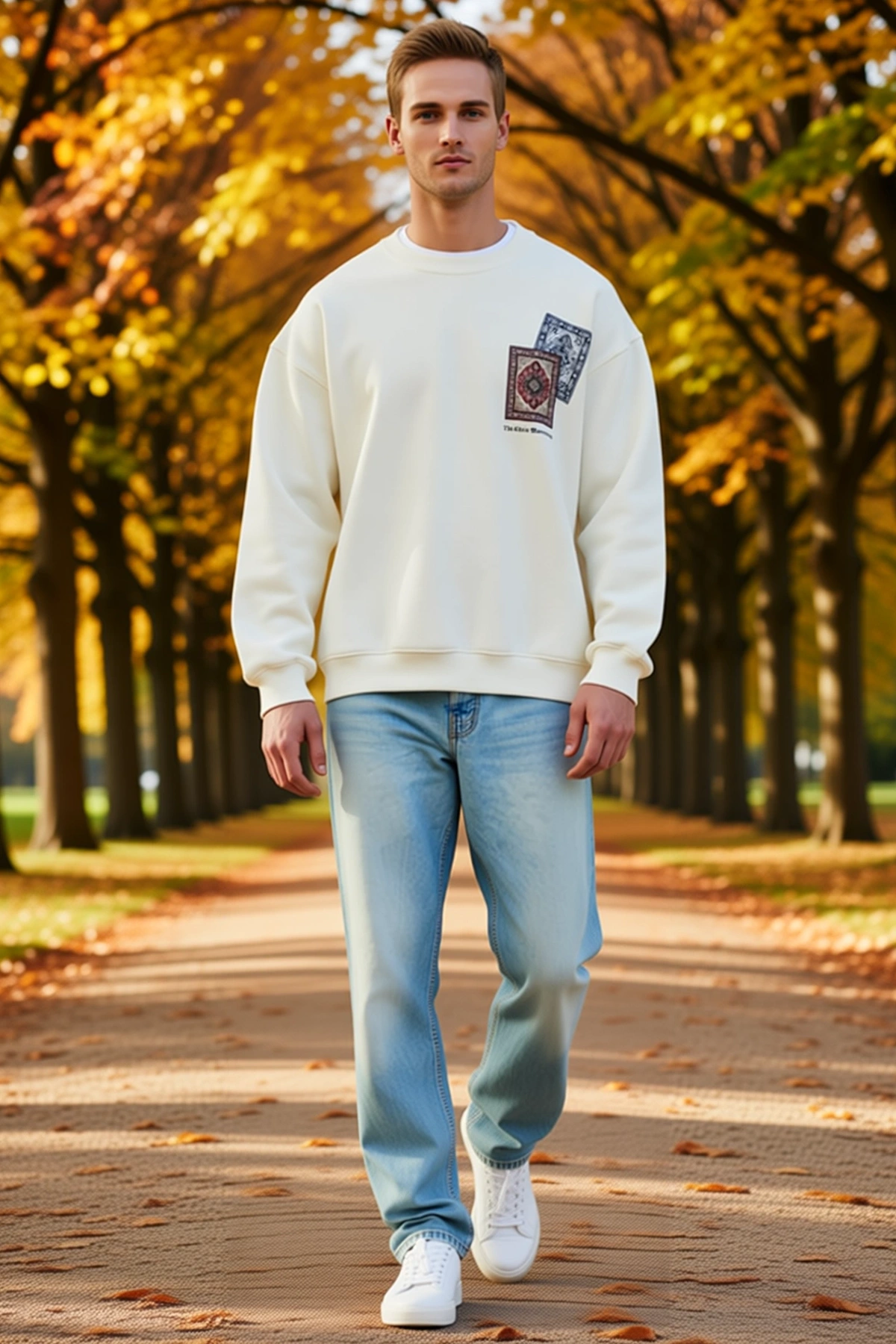 Erkek Bisiklet Yaka Göğüs Baskılı Uzun Kollu Sweatshirt Halı Motifli Düşük Omuz Geniş Kalıp Rahat