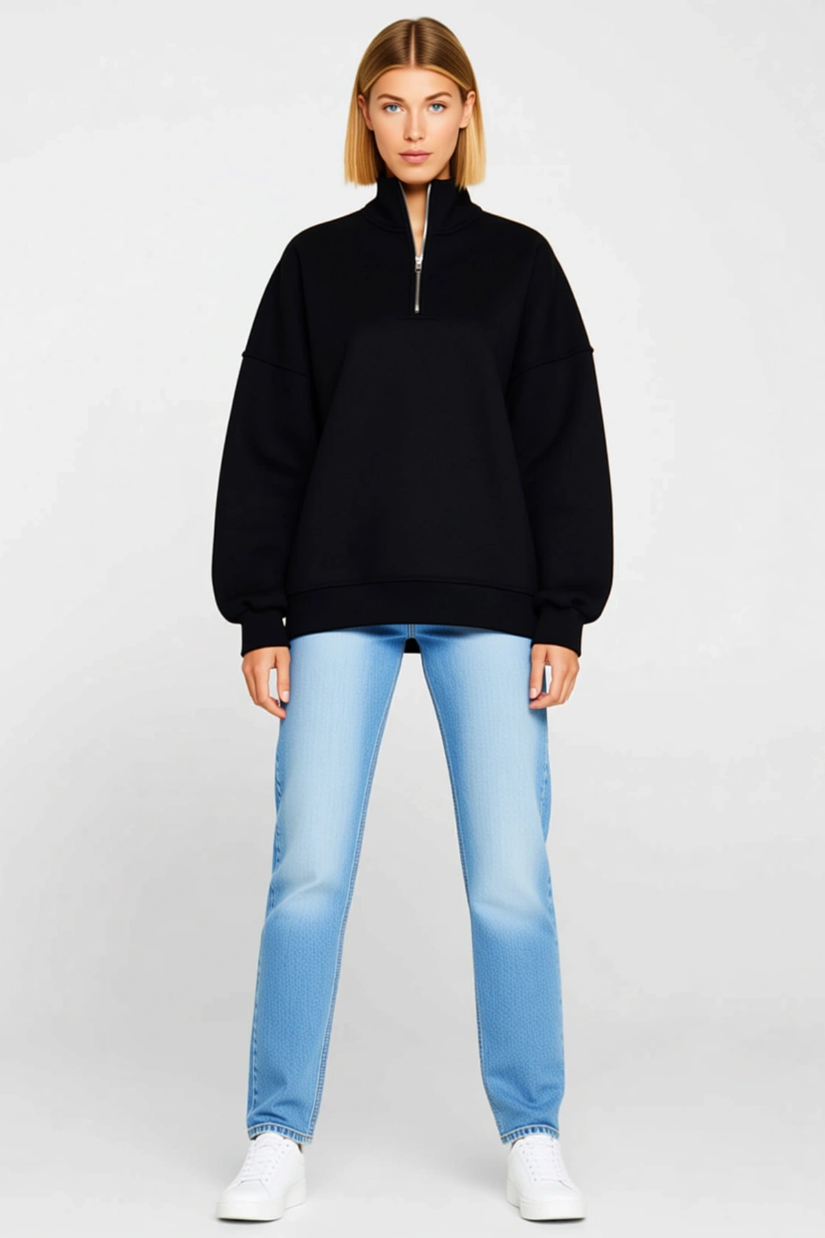 Kadın Yarım Fermuarlı Dik Yaka Üç İplik Sweatshirt Oversize Düşük Omuz Uzun Kollu Günlük Rahat Kalıp