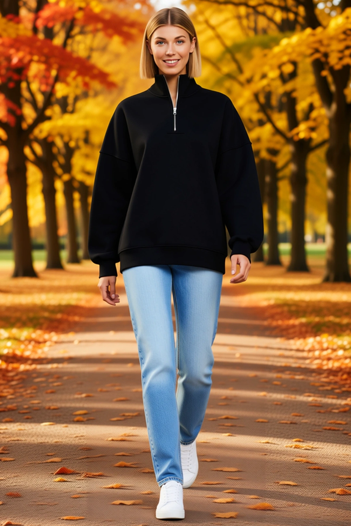 Kadın Yarım Fermuarlı Dik Yaka Üç İplik Sweatshirt Oversize Düşük Omuz Uzun Kollu Günlük Rahat Kalıp