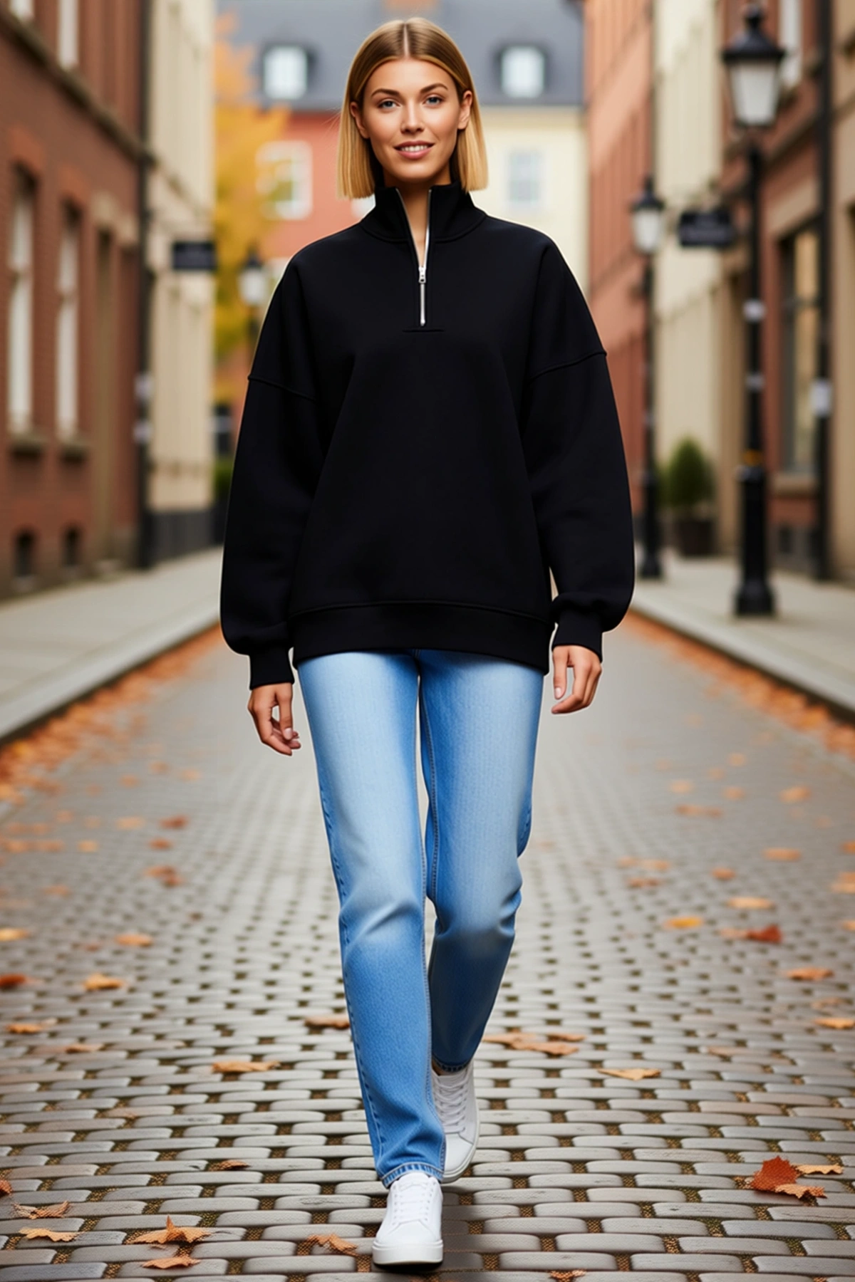 Kadın Yarım Fermuarlı Dik Yaka Üç İplik Sweatshirt Oversize Düşük Omuz Uzun Kollu Günlük Rahat Kalıp