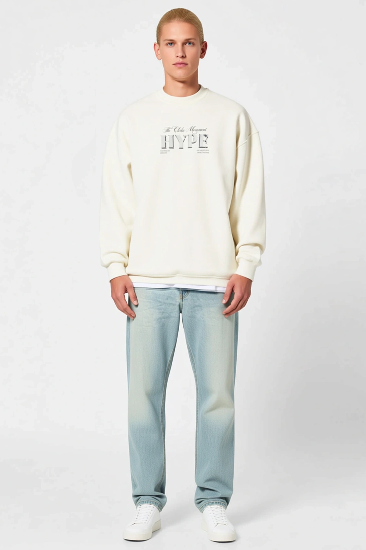 Erkek Üç İplik Bisiklet Yaka Baskılı Sweatshirt Önü Yazılı Düşük Omuz Geniş Kalıp Uzun Kollu Rahat