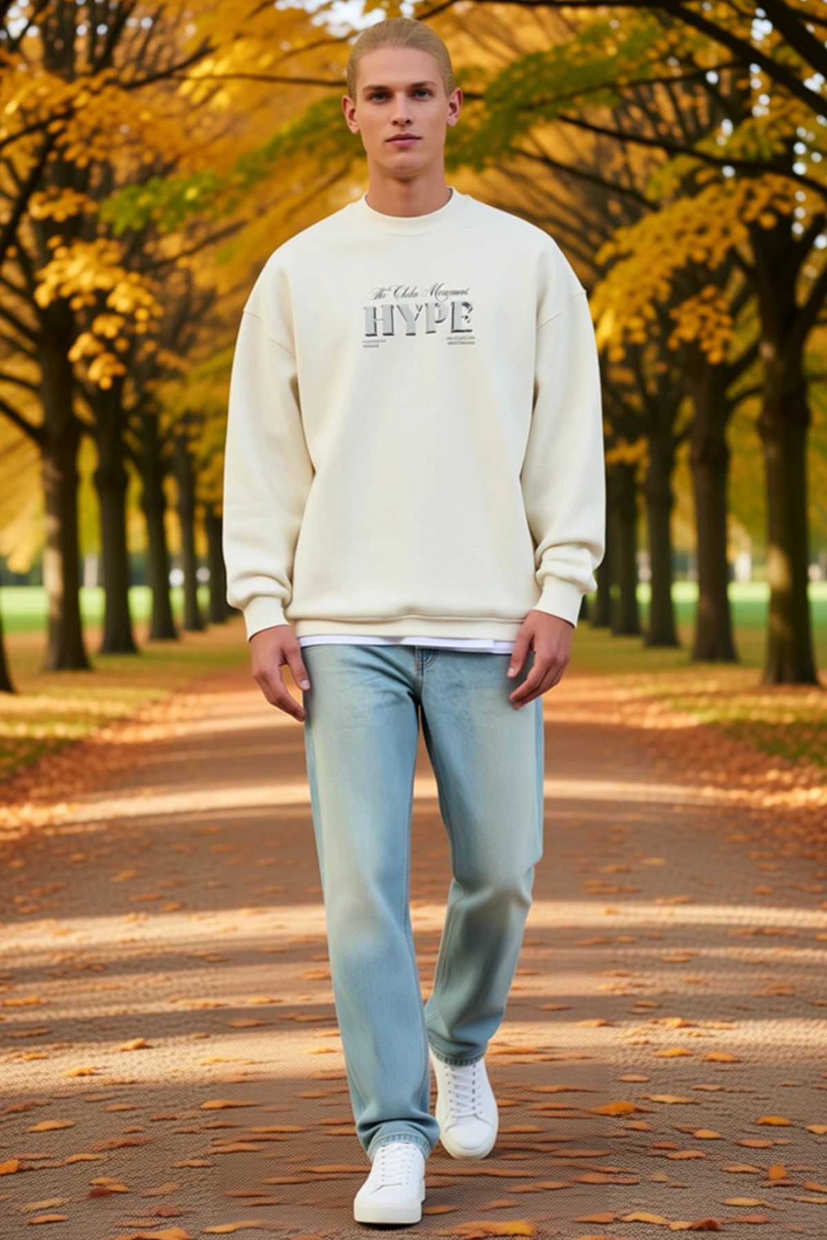 Erkek Üç İplik Bisiklet Yaka Baskılı Sweatshirt Önü Yazılı Düşük Omuz Geniş Kalıp Uzun Kollu Rahat