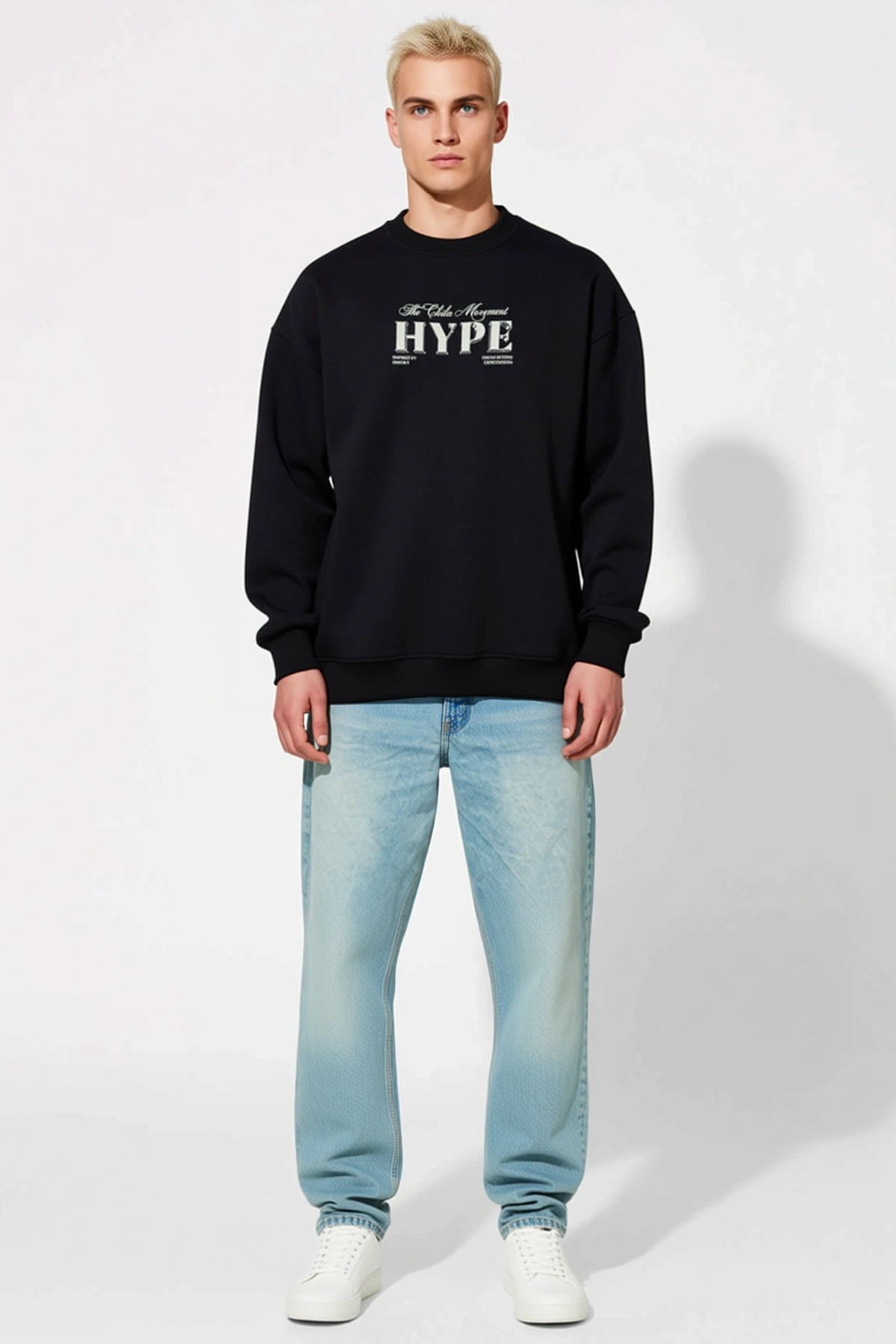 Erkek Üç İplik Bisiklet Yaka Sırt Baskılı Sweatshirt Medalyon Desenli Düşük Omuz Uzun Kollu Salaş