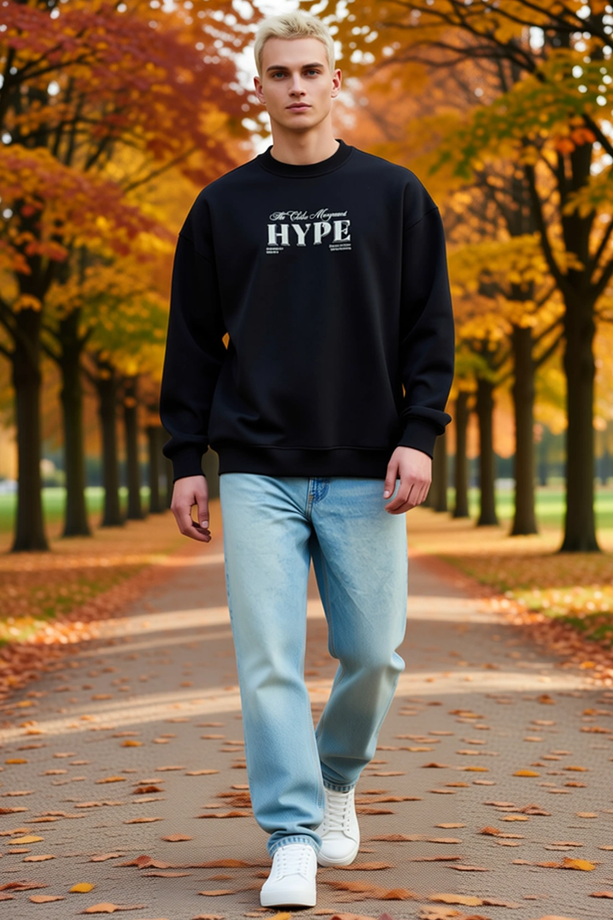 Erkek Üç İplik Bisiklet Yaka Sırt Baskılı Sweatshirt Medalyon Desenli Düşük Omuz Uzun Kollu Salaş