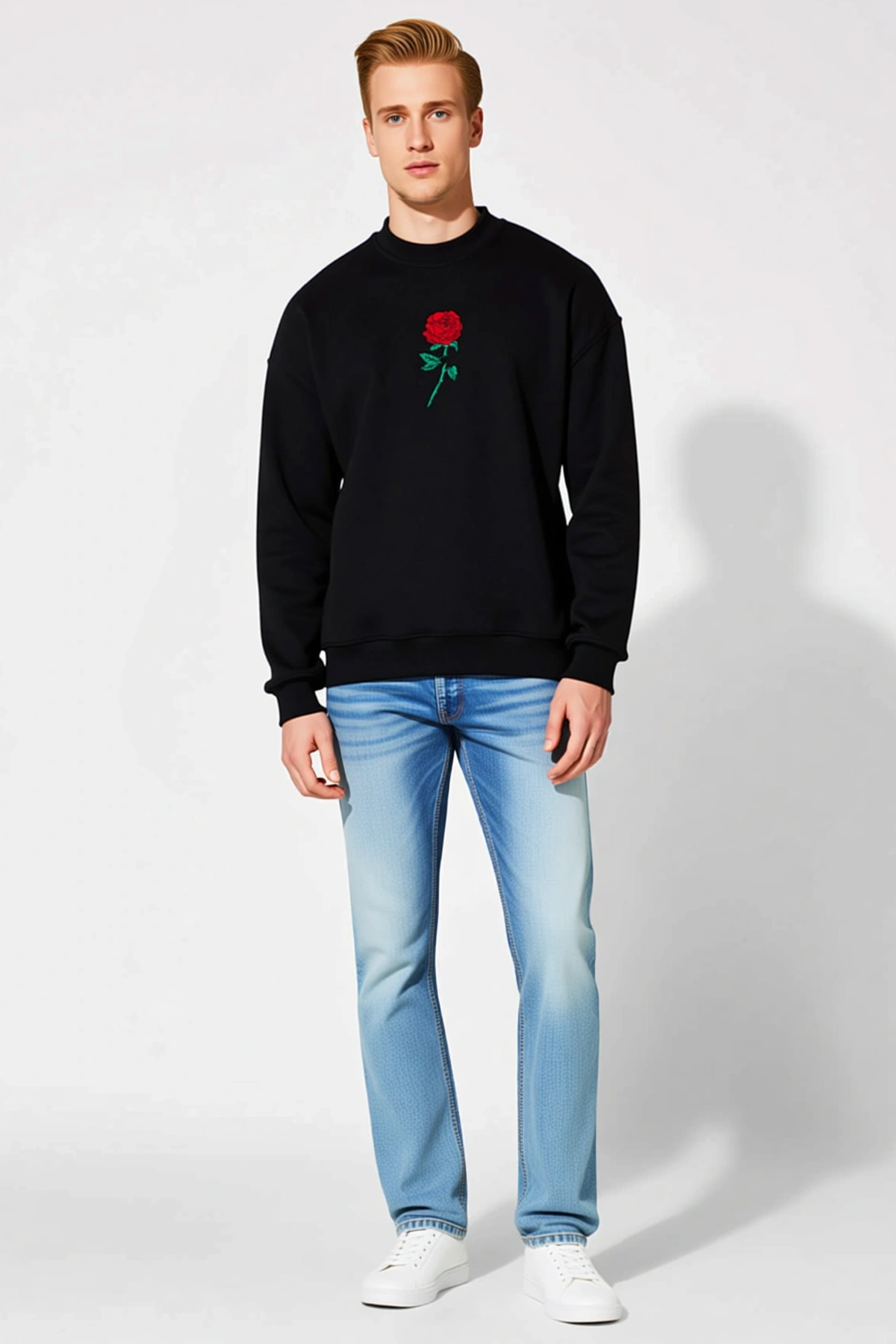 Erkek Bisiklet Yaka Ön Ve Arka Baskılı Oversize Kalıp Sweatshirt Düşük Omuzlu Uzun Kollu Rahat Kesim