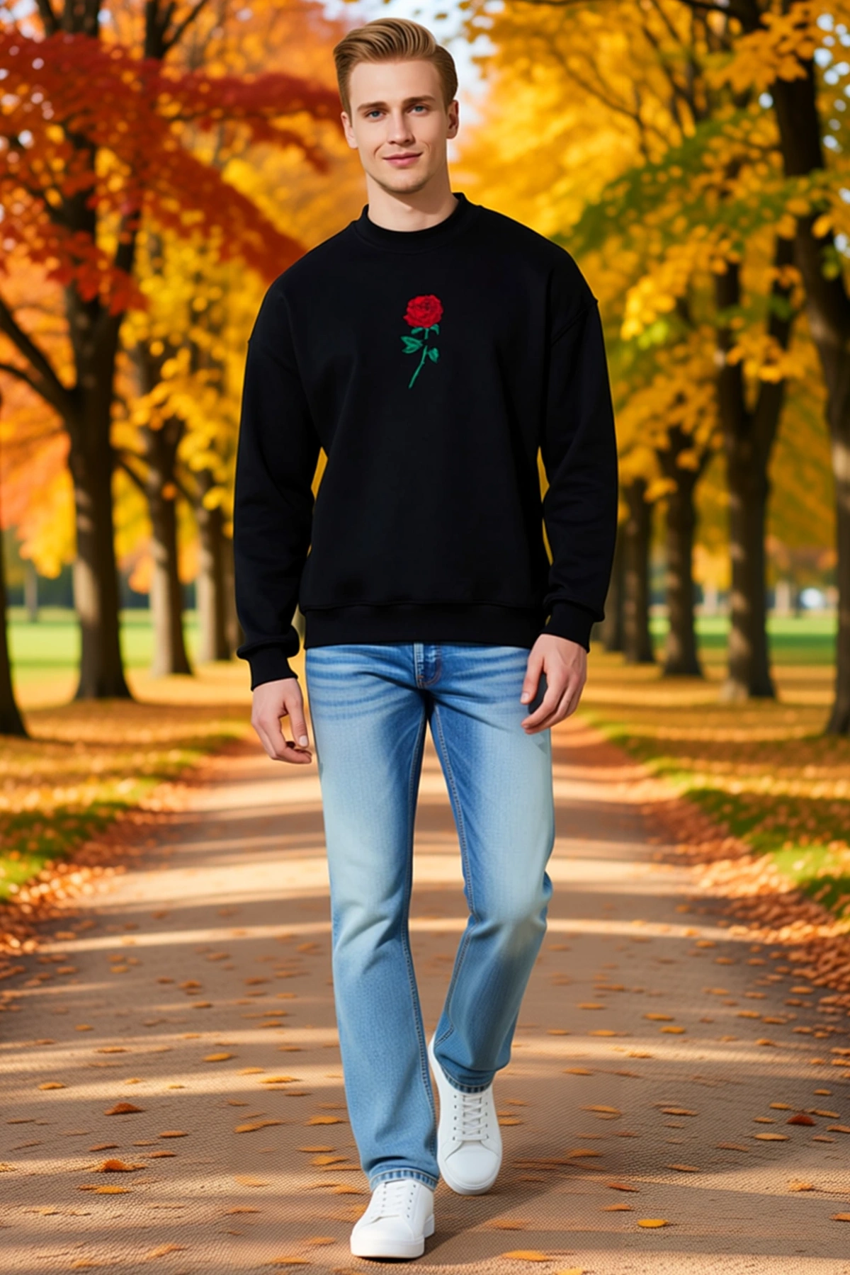 Erkek Bisiklet Yaka Ön Ve Arka Baskılı Oversize Kalıp Sweatshirt Düşük Omuzlu Uzun Kollu Rahat Kesim