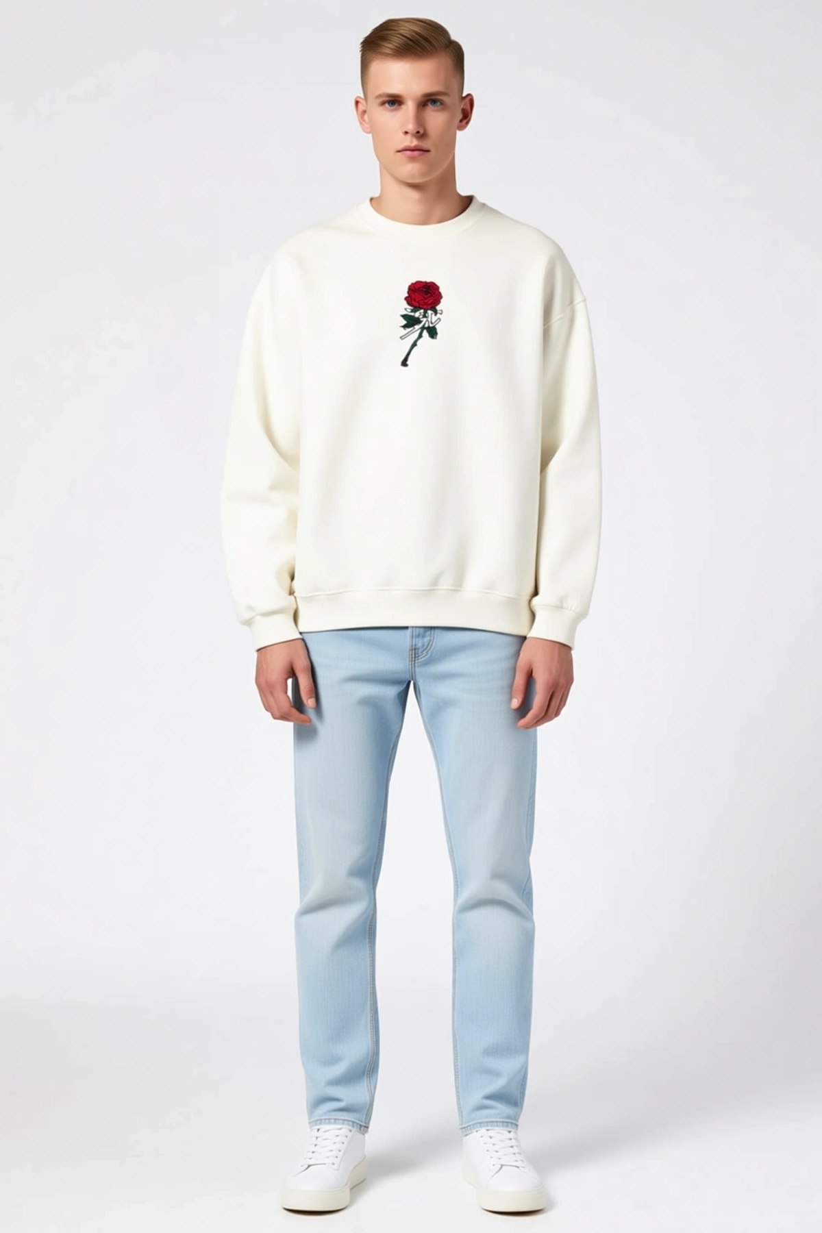 Erkek Bisiklet Yaka Ön Ve Arka Baskılı Oversize Sweatshirt Gül Nakışlı Düşük Omuz Uzun Kollu Rahat