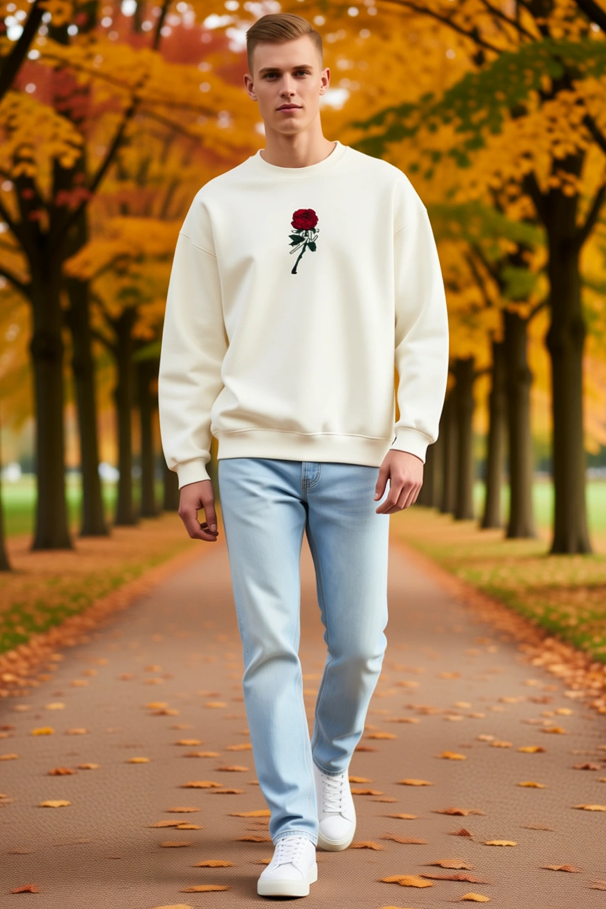 Erkek Bisiklet Yaka Ön Ve Arka Baskılı Oversize Sweatshirt Gül Nakışlı Düşük Omuz Uzun Kollu Rahat
