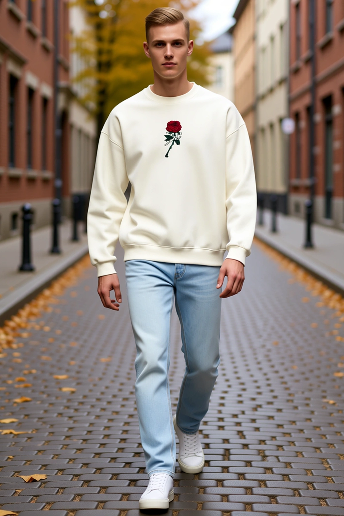 Erkek Bisiklet Yaka Ön Ve Arka Baskılı Oversize Sweatshirt Gül Nakışlı Düşük Omuz Uzun Kollu Rahat