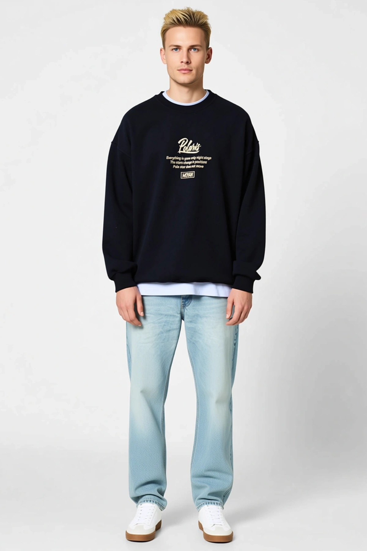 Erkek Kışlık Bisiklet Yaka Ön Ve Arka Baskılı Oversize Sweatshirt Önü Yazılı Düşük Omuz Uzun Kollu