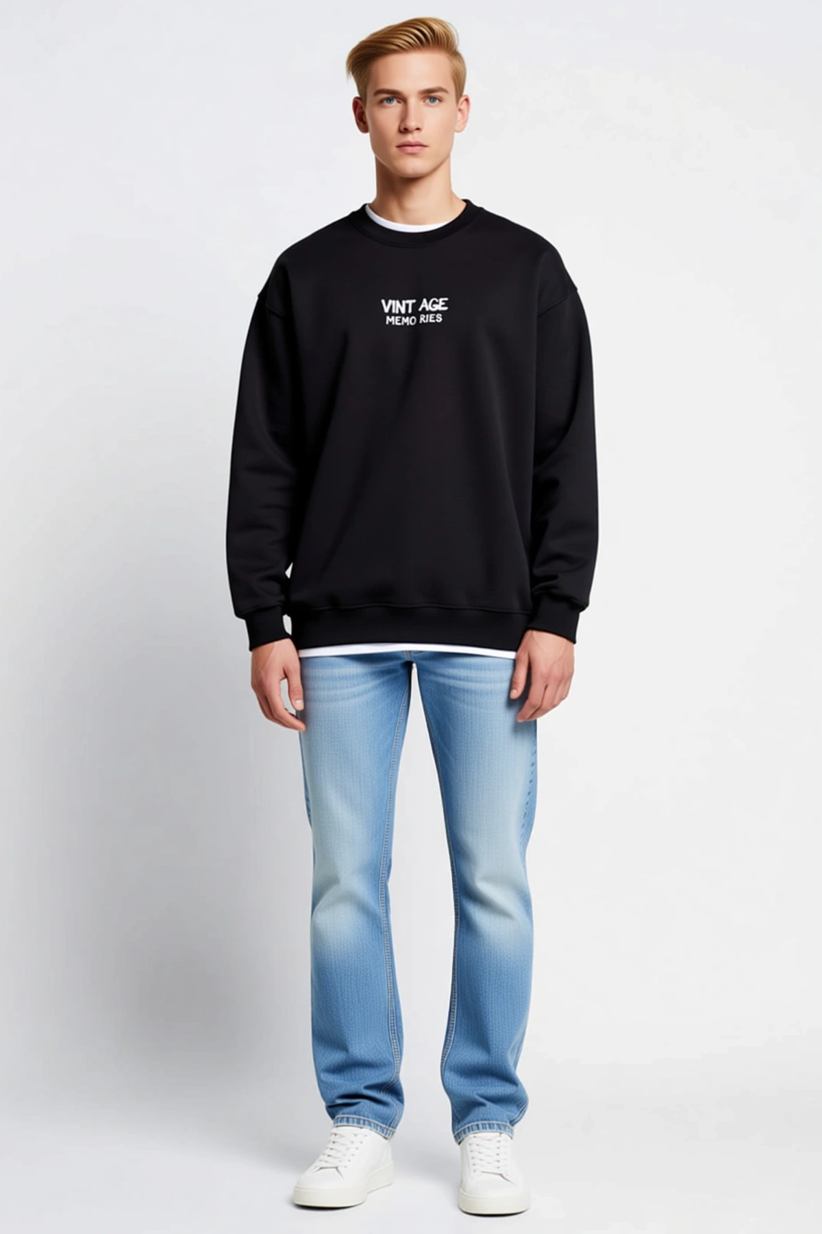 Erkek Oversize Bisiklet Yaka Üç İplik Sırt Baskılı Sweatshirt Halı Desenli Düşük Omuz Uzun Kollu
