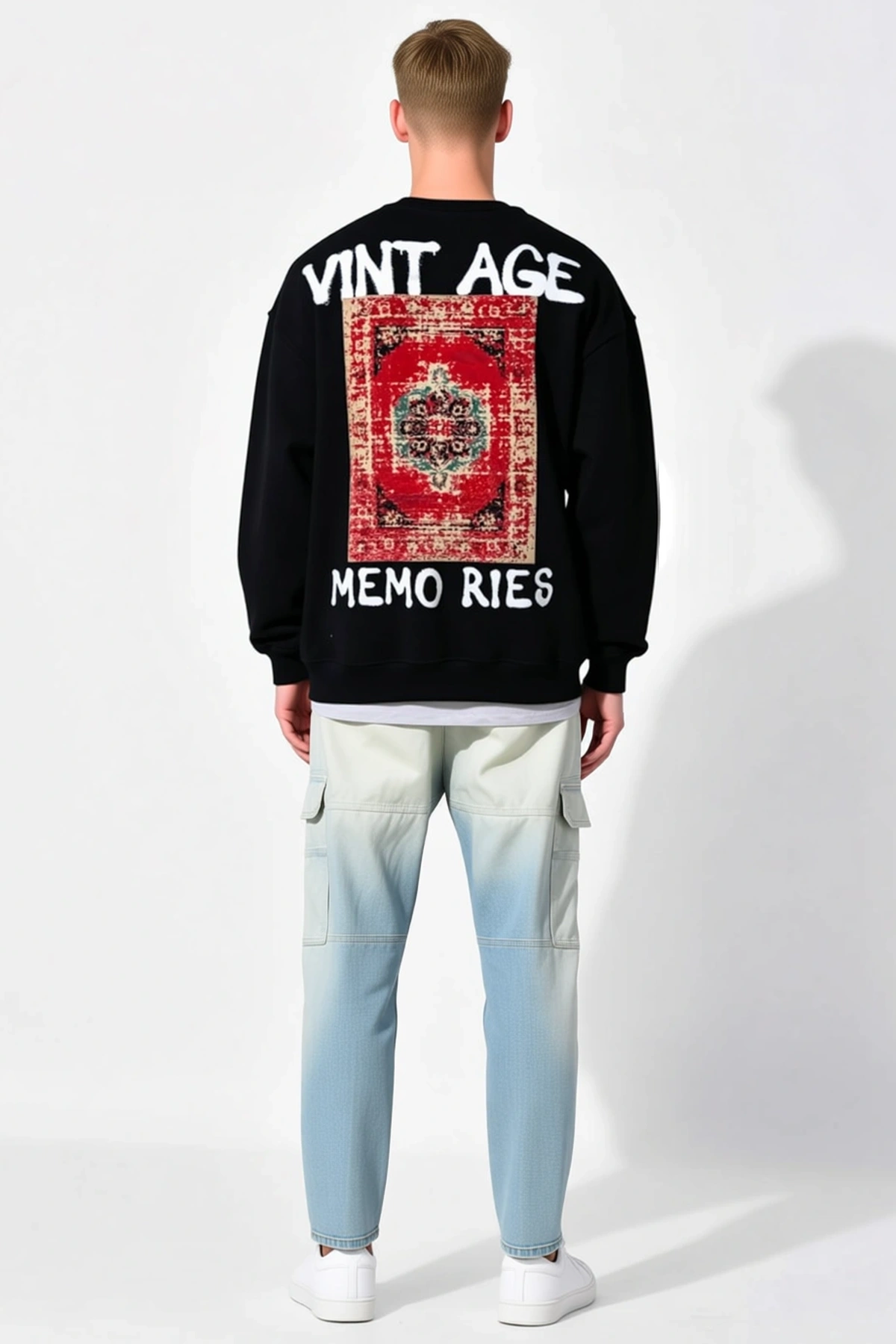 Erkek Oversize Bisiklet Yaka Üç İplik Sırt Baskılı Sweatshirt Halı Desenli Düşük Omuz Uzun Kollu