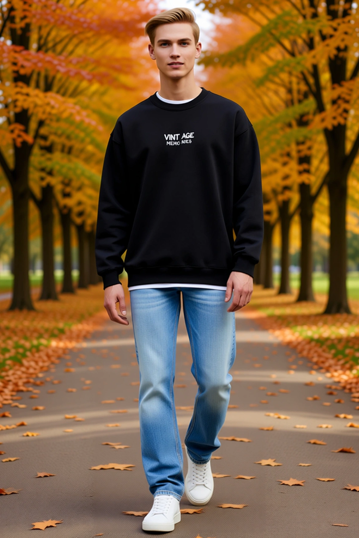 Erkek Oversize Bisiklet Yaka Üç İplik Sırt Baskılı Sweatshirt Halı Desenli Düşük Omuz Uzun Kollu