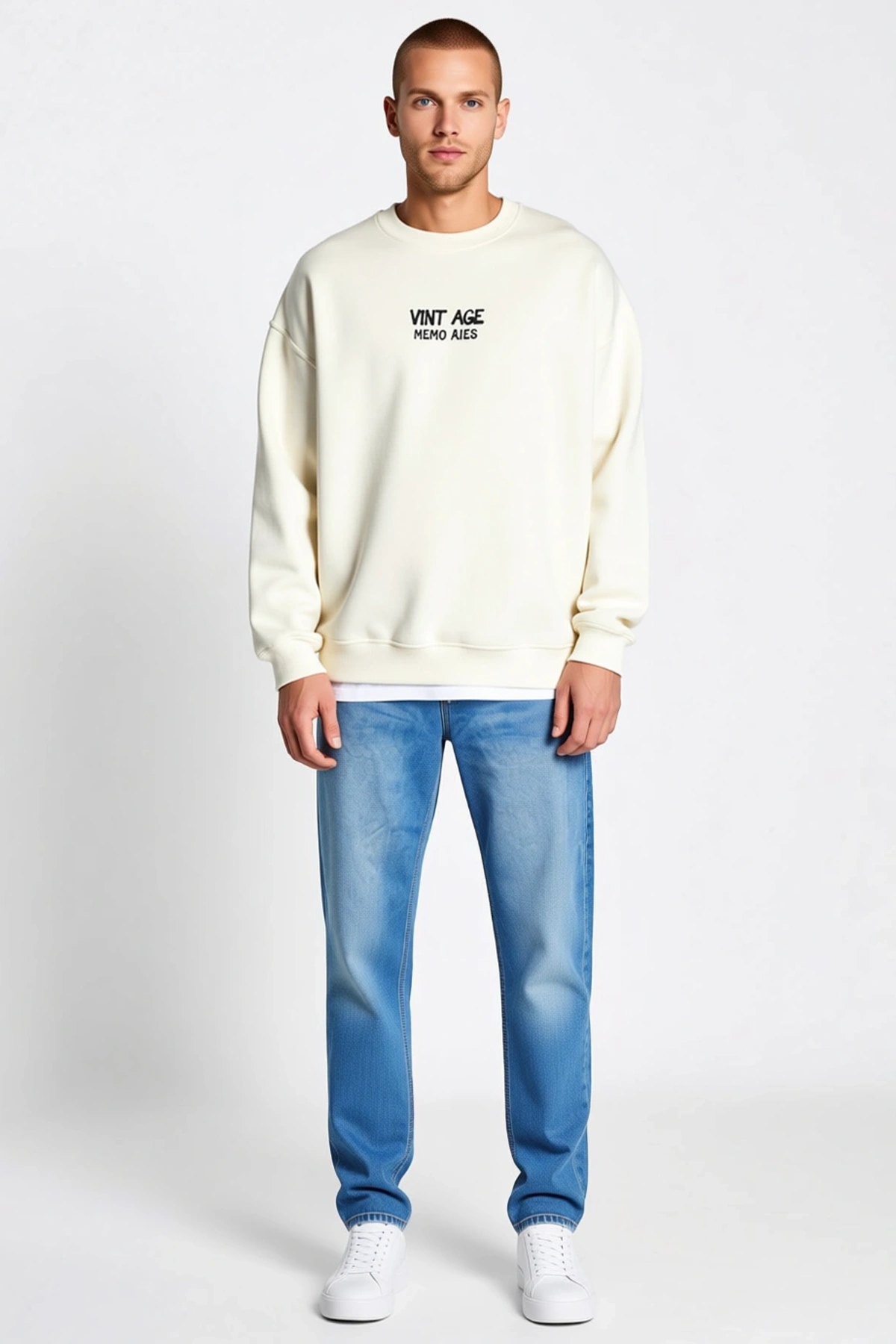 Erkek Oversize Bisiklet Yaka Üç İplik Göğüs Yazılı Baskılı Sweatshirt Düşük Omuz Uzun Kollu Rahat