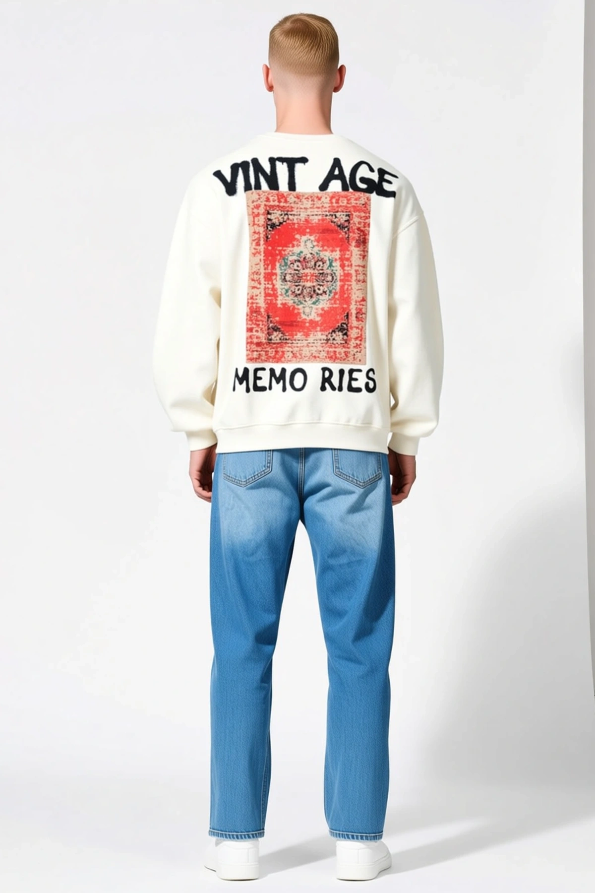 Erkek Oversize Bisiklet Yaka Üç İplik Göğüs Yazılı Baskılı Sweatshirt Düşük Omuz Uzun Kollu Rahat