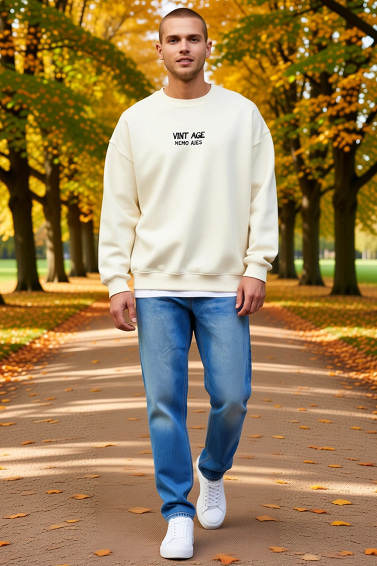 Erkek Oversize Bisiklet Yaka Üç İplik Göğüs Yazılı Baskılı Sweatshirt Düşük Omuz Uzun Kollu Rahat