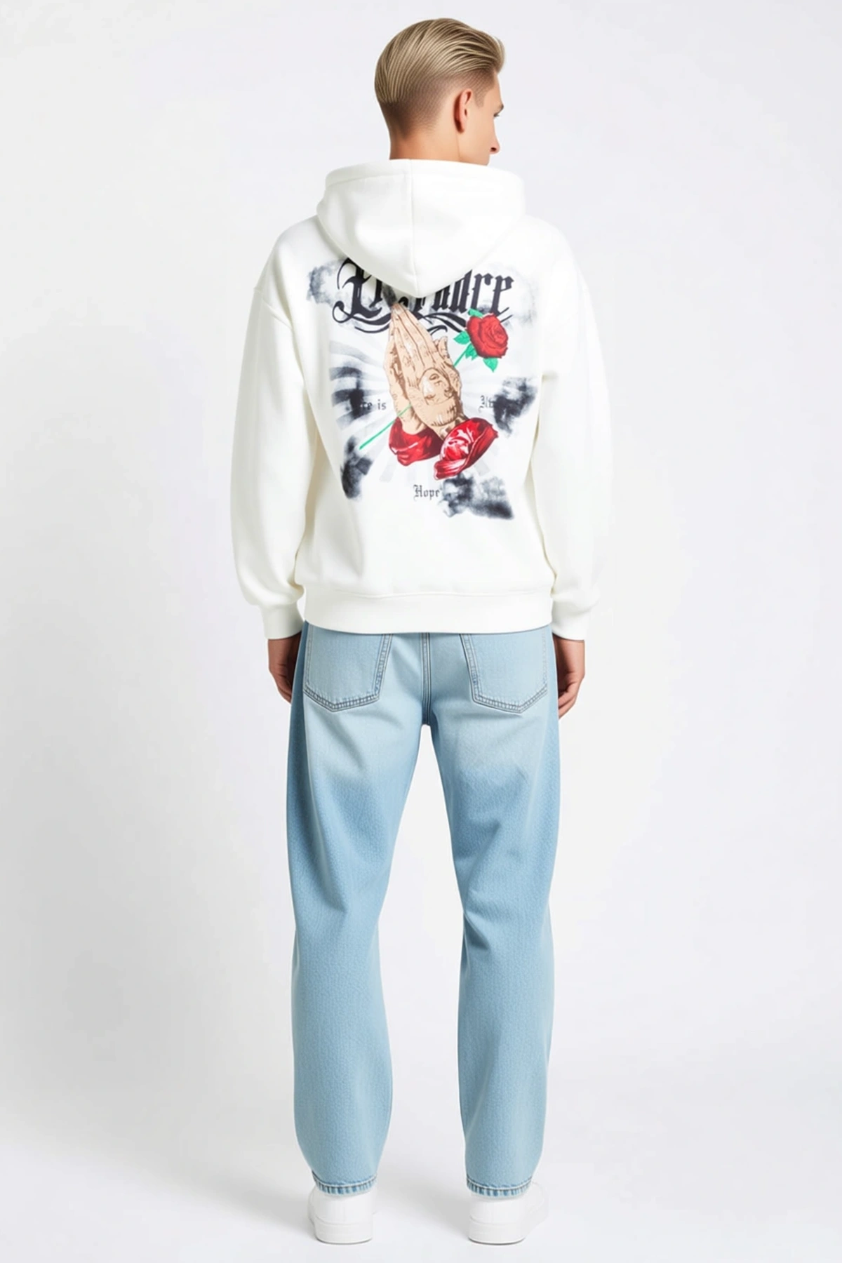 Erkek Üç İplik Penye Kapşonlu Baskılı Oversize Sweatshirt Kanguru Cepli Düşük Omuz Uzun Kollu Rahat