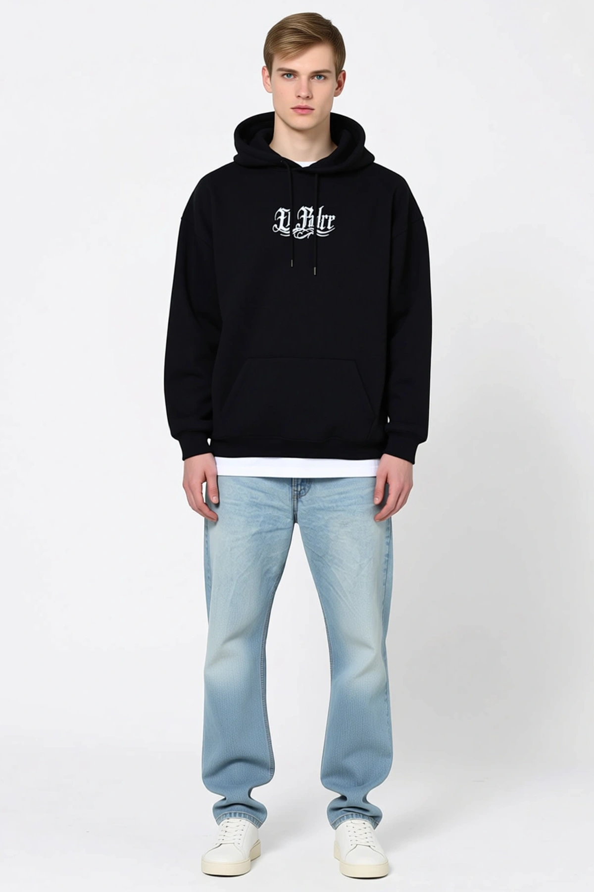 Erkek Üç İplik Penye Kapşonlu Baskılı Oversize Sweatshirt Kanguru Cepli Düşük Omuz Uzun Kollu Rahat