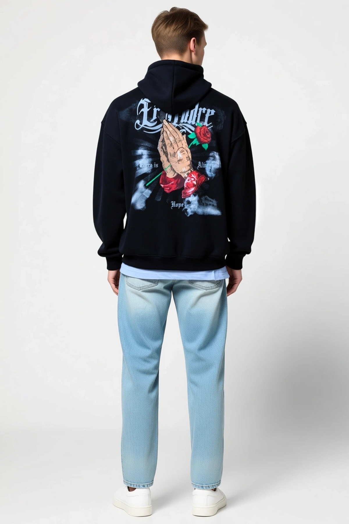 Erkek Üç İplik Penye Kapşonlu Baskılı Oversize Sweatshirt Kanguru Cepli Düşük Omuz Uzun Kollu Rahat