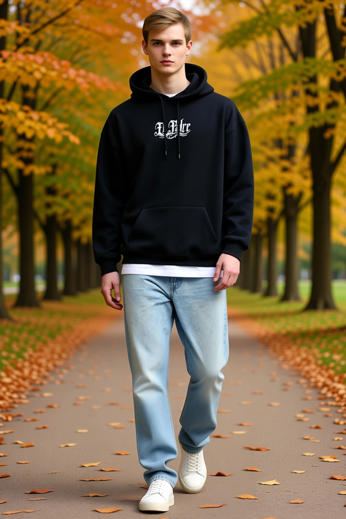 Erkek Üç İplik Penye Kapşonlu Baskılı Oversize Sweatshirt Kanguru Cepli Düşük Omuz Uzun Kollu Rahat