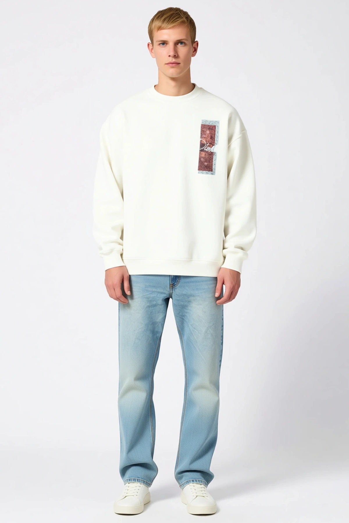 Erkek Uzun Kol Bisiklet Yaka Ön Ve Arka Baskılı Oversize Sweatshirt Halı Motifli Düşük Omuz Rahat