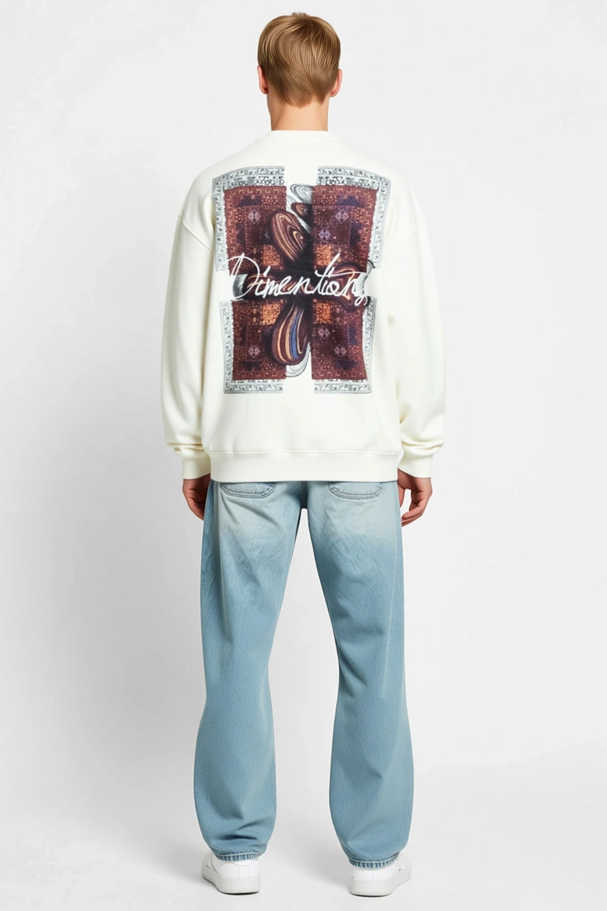 Erkek Uzun Kol Bisiklet Yaka Ön Ve Arka Baskılı Oversize Sweatshirt Halı Motifli Düşük Omuz Rahat