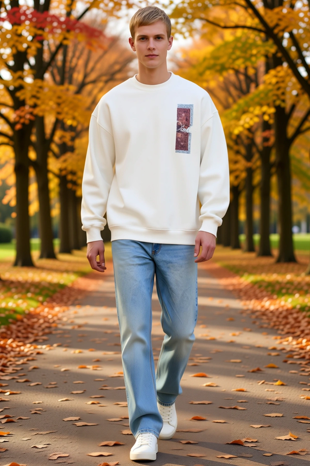 Erkek Uzun Kol Bisiklet Yaka Ön Ve Arka Baskılı Oversize Sweatshirt Halı Motifli Düşük Omuz Rahat