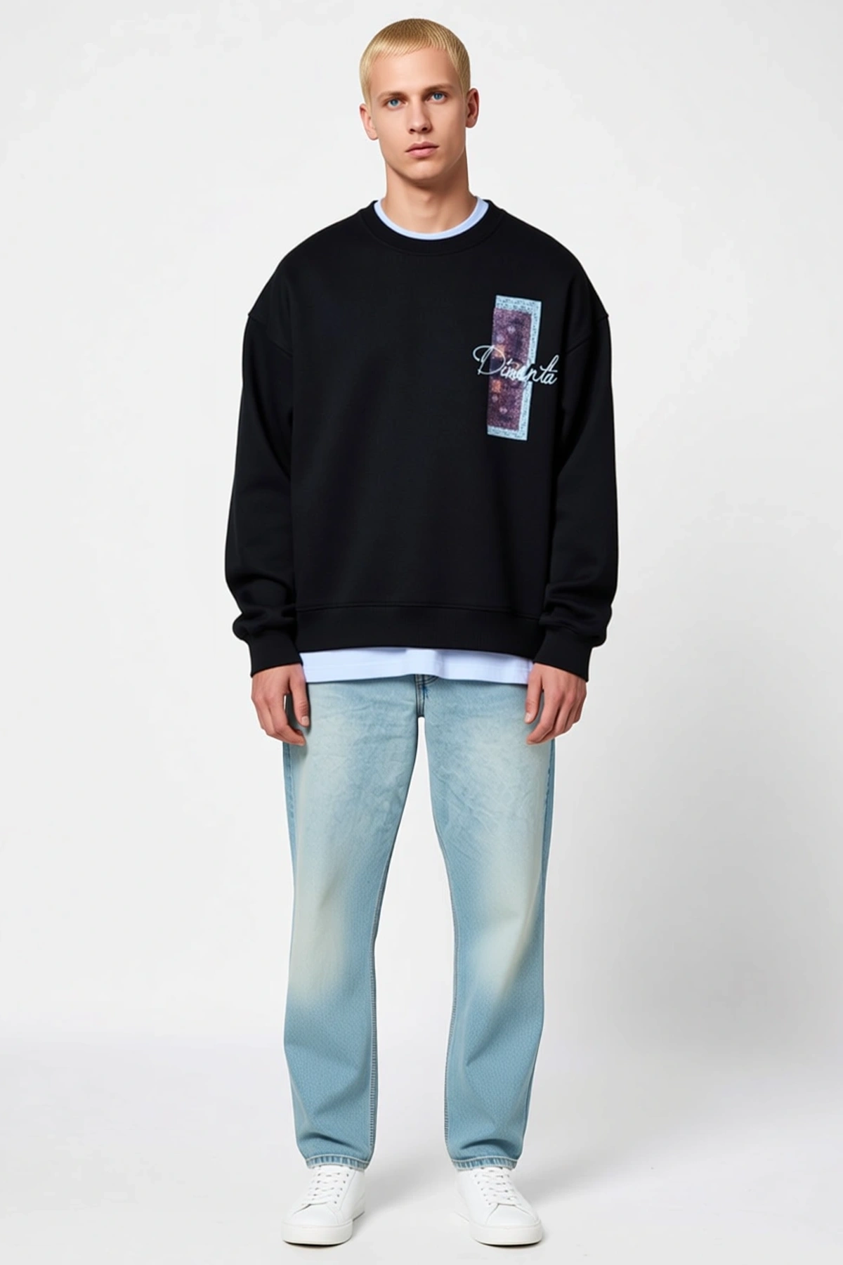 Erkek Uzun Kol Bisiklet Yaka Ön Ve Arka Baskılı Sweatshirt Halı Motifli Oversize Düşük Omuz Rahat