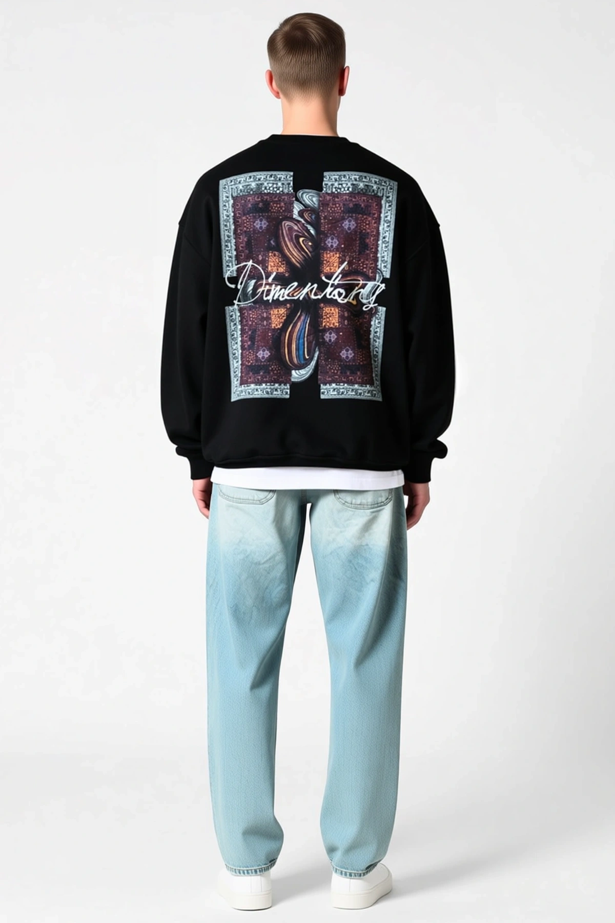 Erkek Uzun Kol Bisiklet Yaka Ön Ve Arka Baskılı Sweatshirt Halı Motifli Oversize Düşük Omuz Rahat
